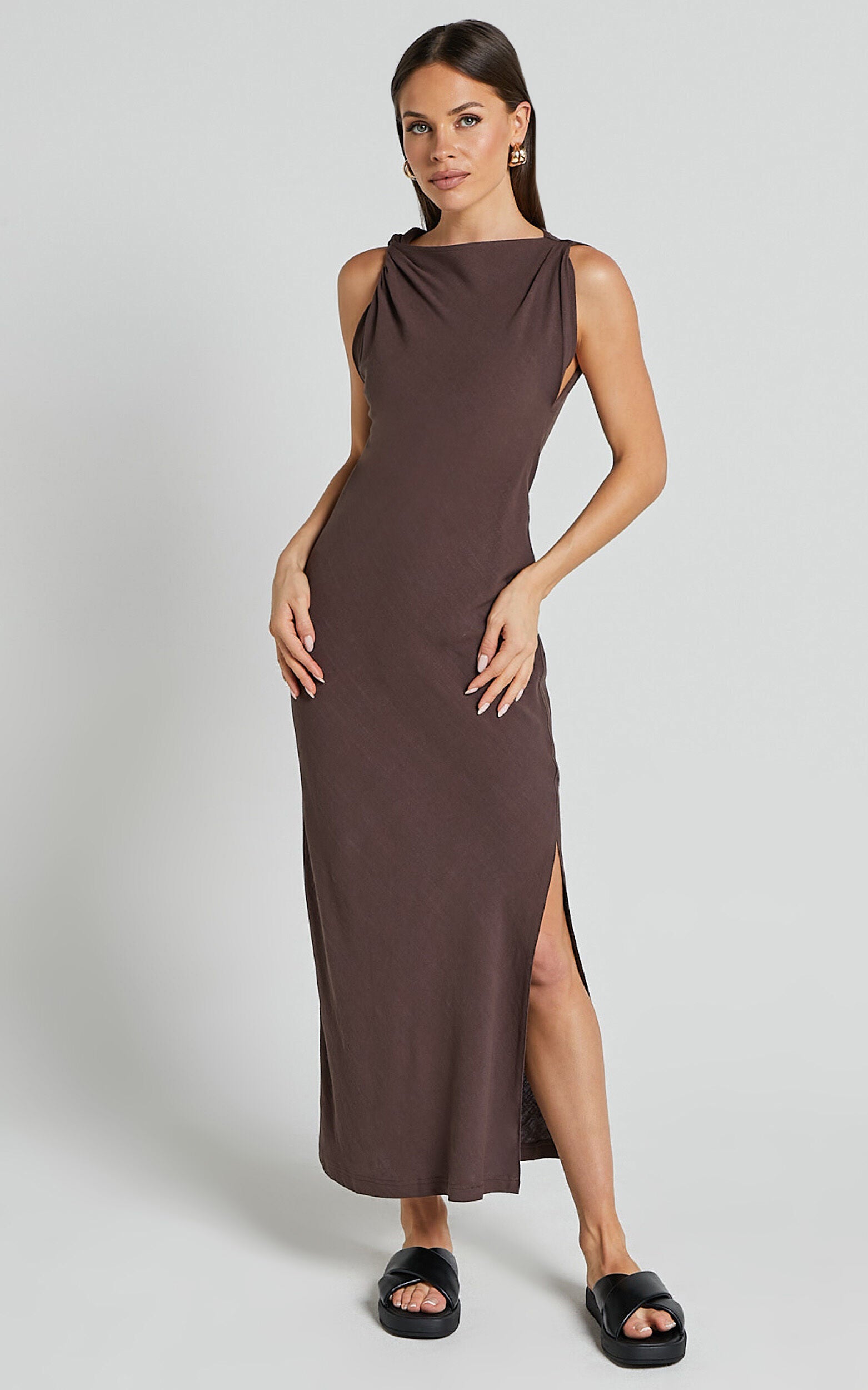 Jessenia Midi Dress - Linen High Neck Dress in Chocolate