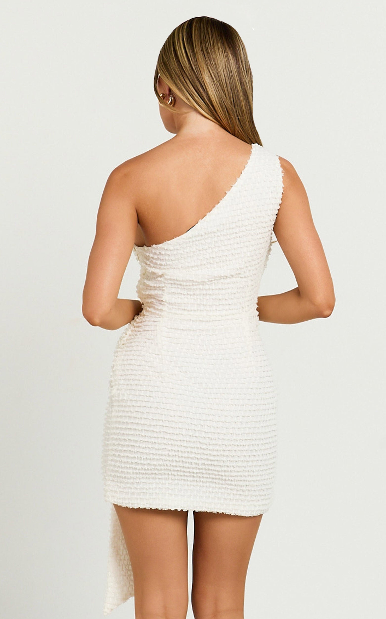 Elisa Mini Dress - One Shoulder Wrap Skirt Bow Detail Dress in Cream