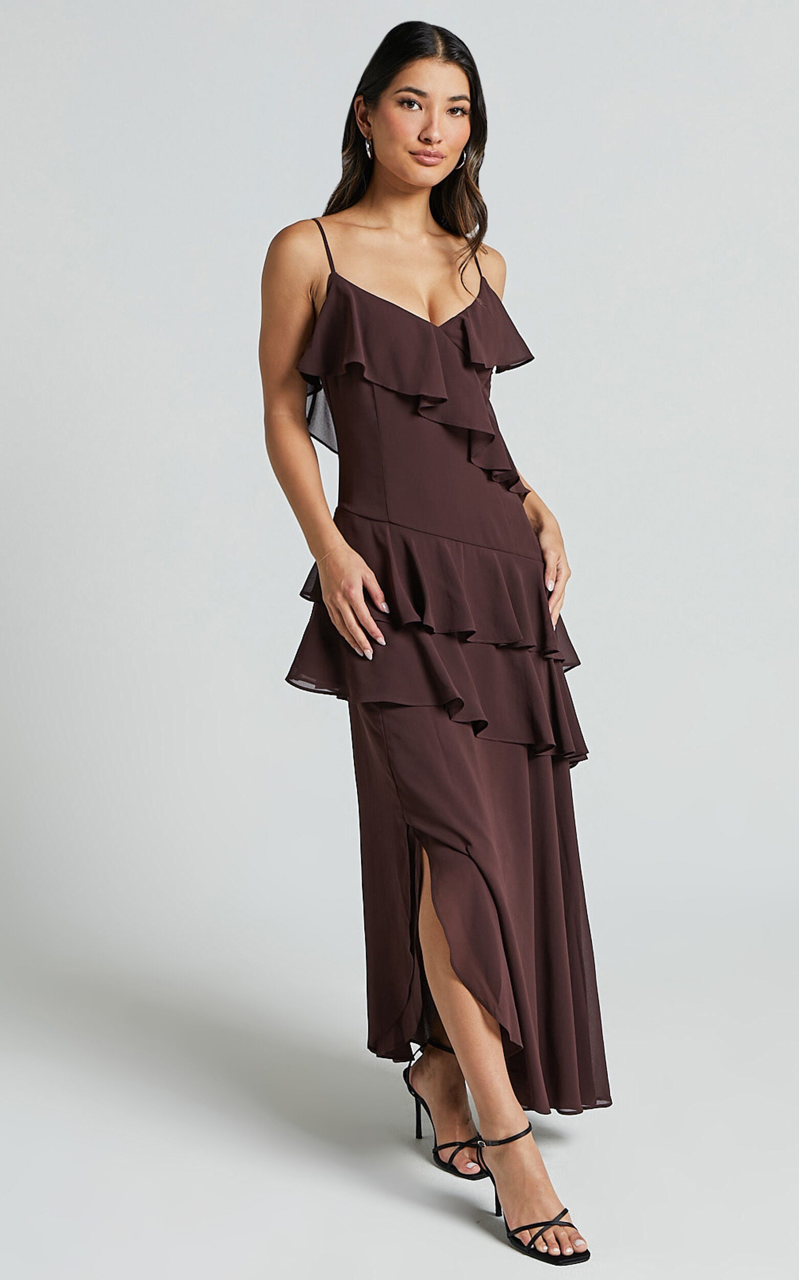Emily Midi Dress - Strappy Asymmetric Ruffle Dress in Chocolate