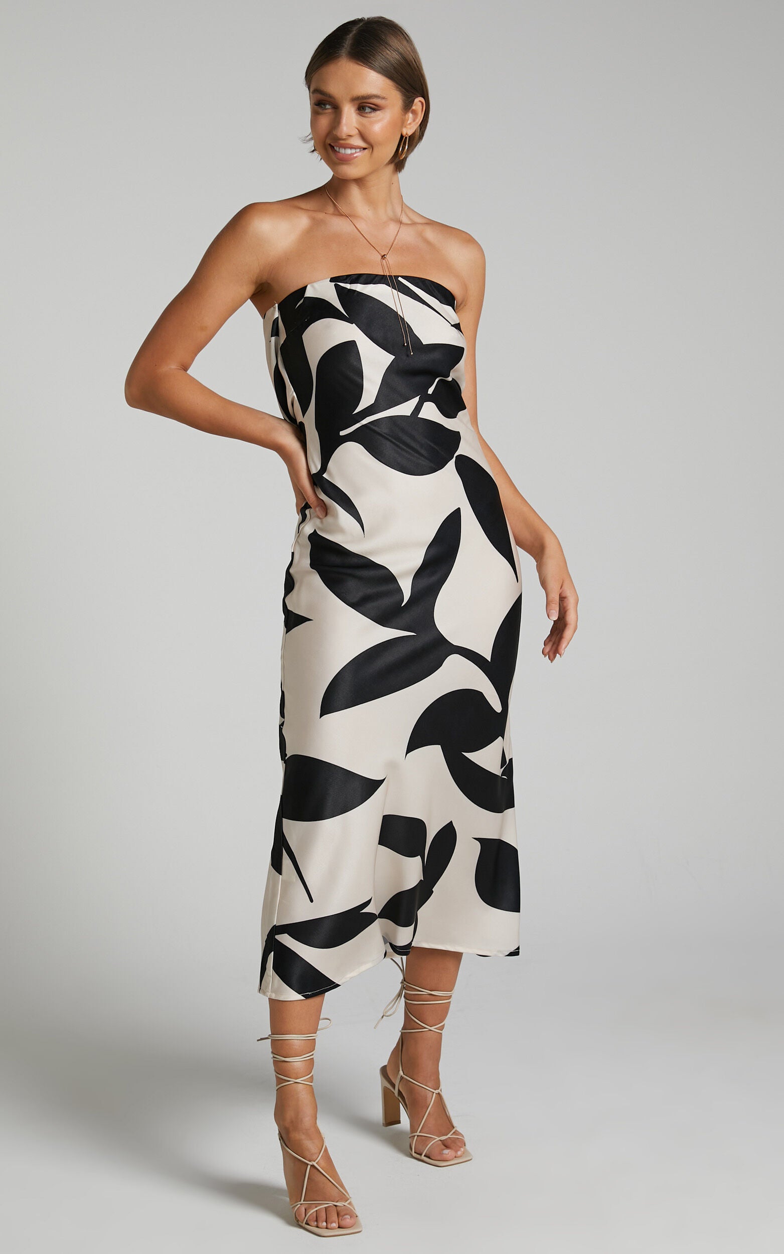 Madelyn Midi Dress - Strapless Palm Print Satin Dress in Cream and Black Shadow Print