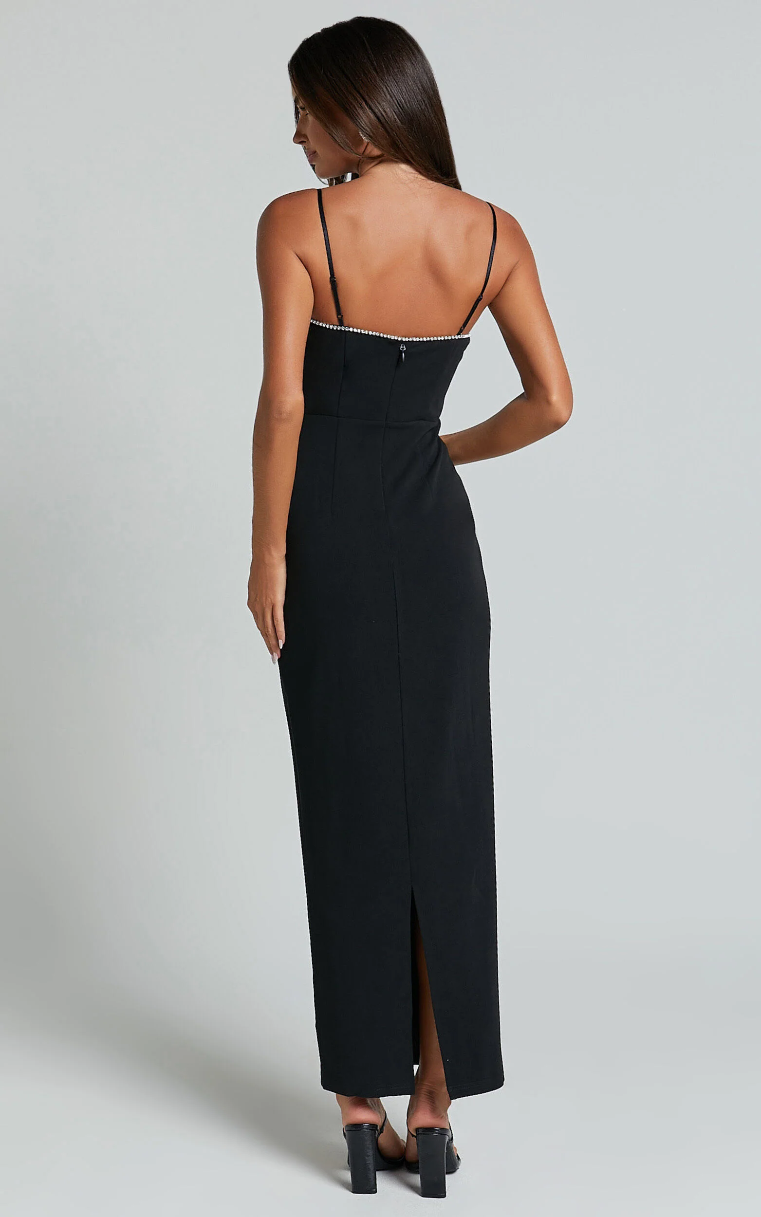 Felicity Midi Dress - Plunge Diamante Detail Dress in Black
