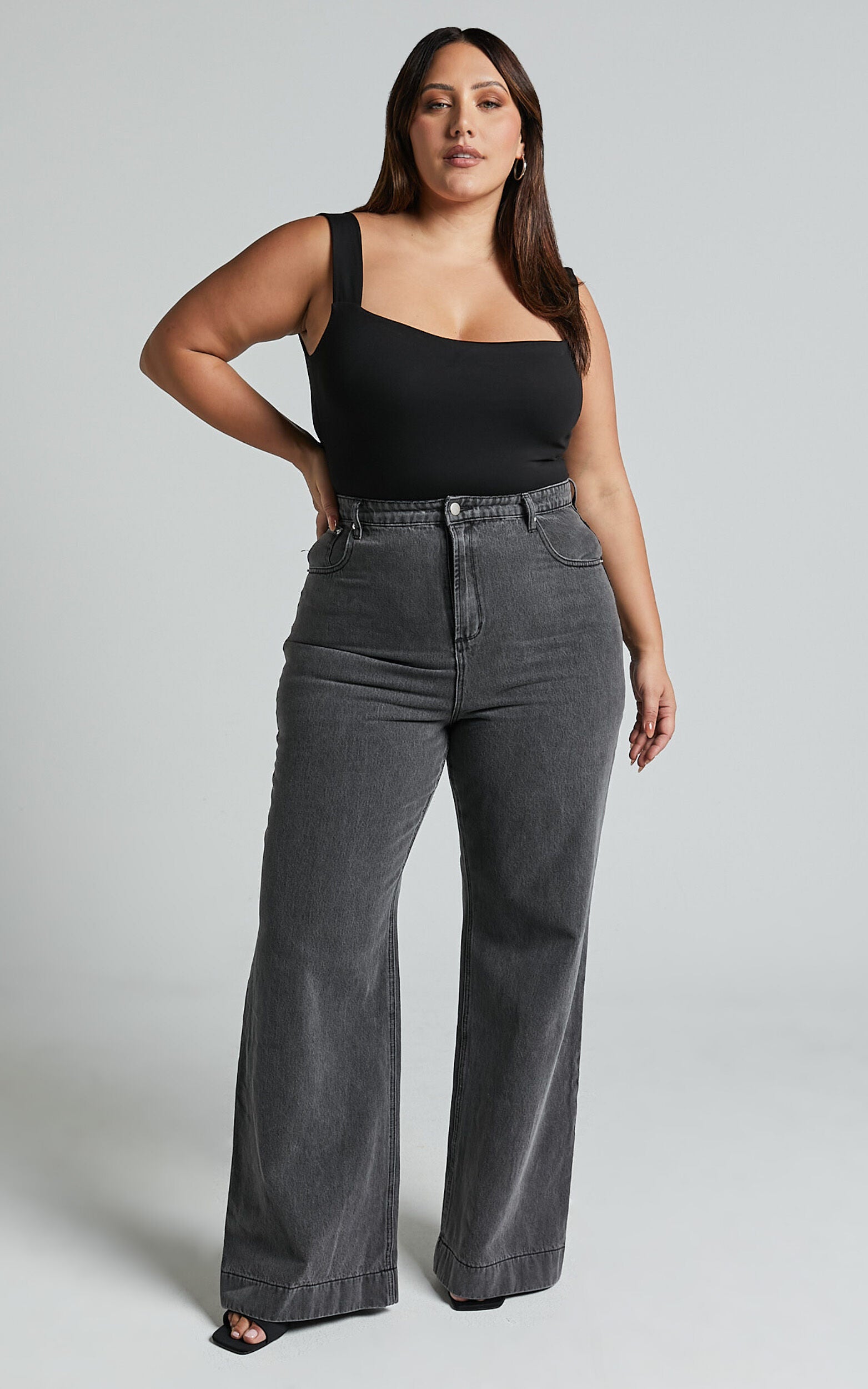 Emman Jeans - High Waisted Cotton Wide Leg Denim Jeans in Washed Black