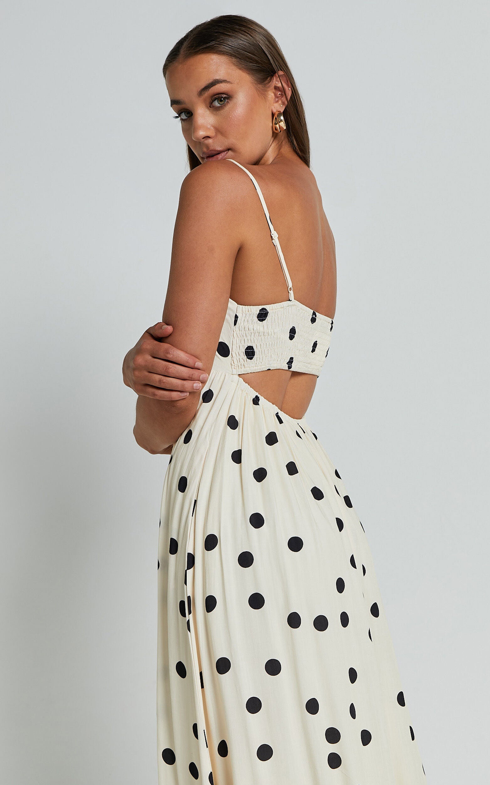 Miriam Midi Linen Dress - Strappy Straight Neck A Line Dress in Beige & Black Spot