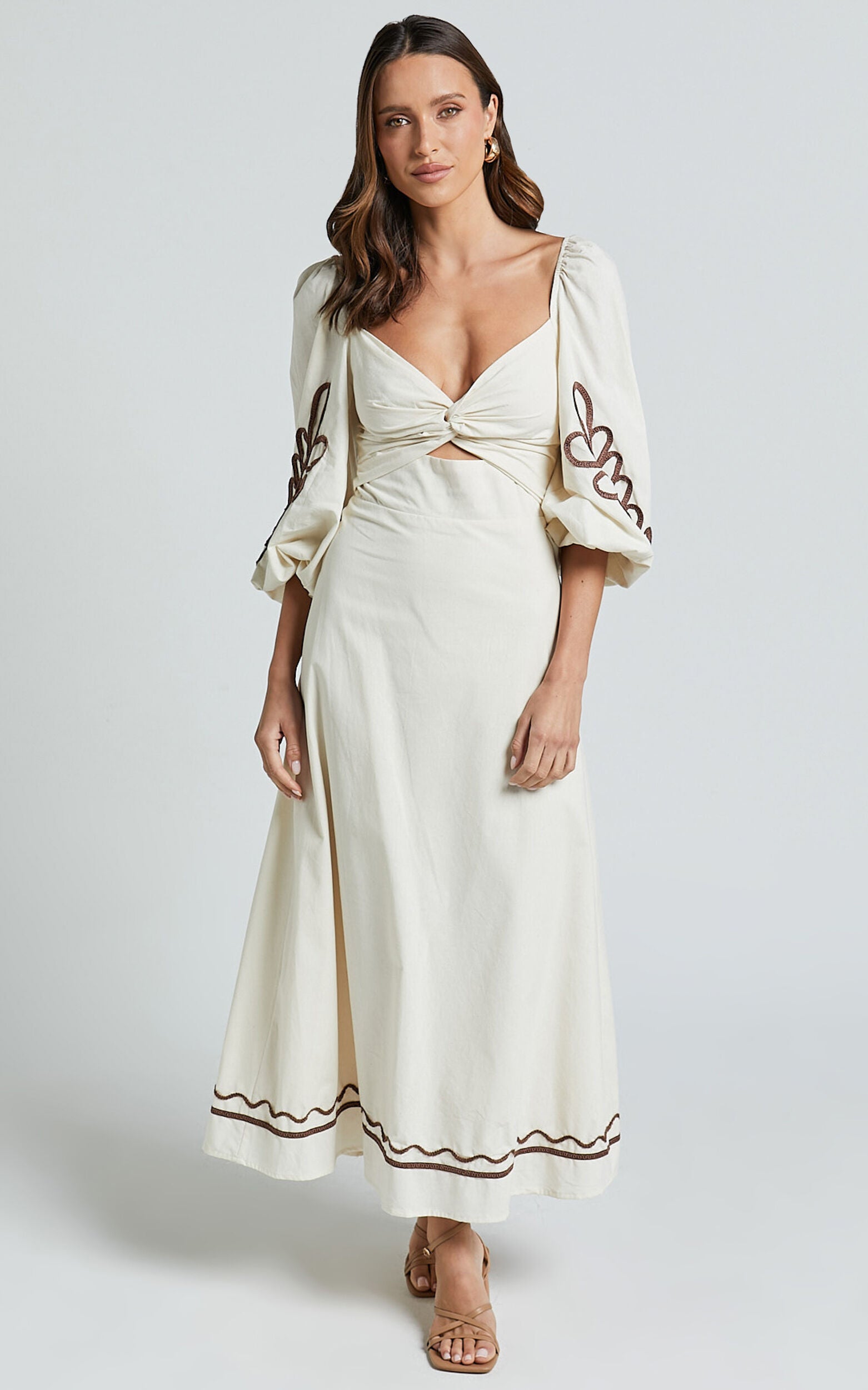 Isadora Midi Linen Dress - Cut Out Long Sleeve Contrast Embroidery Dress in Natural