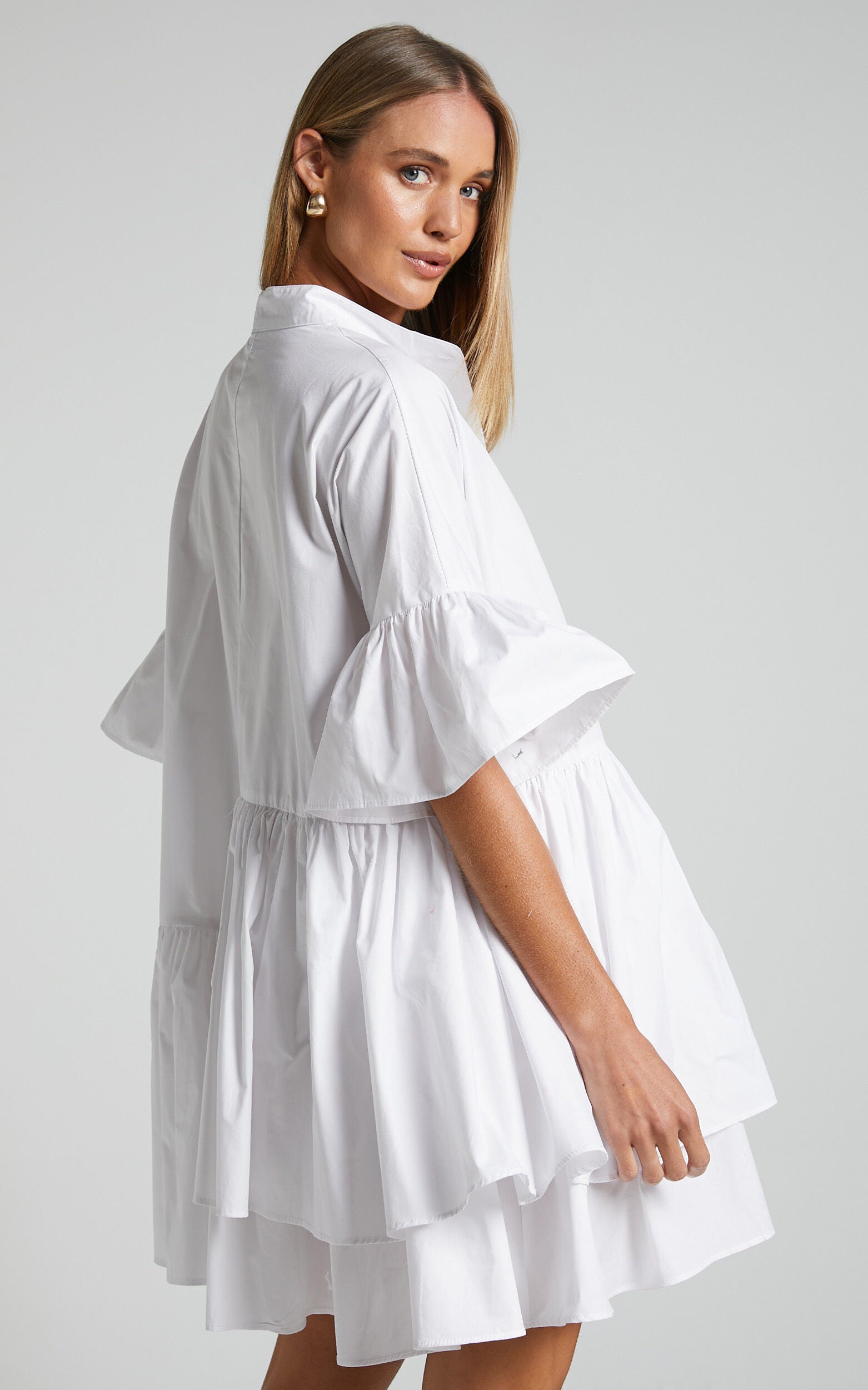 Elowen Mini Dress - Button Up Asymmetrical Tiered Smock Dress in White