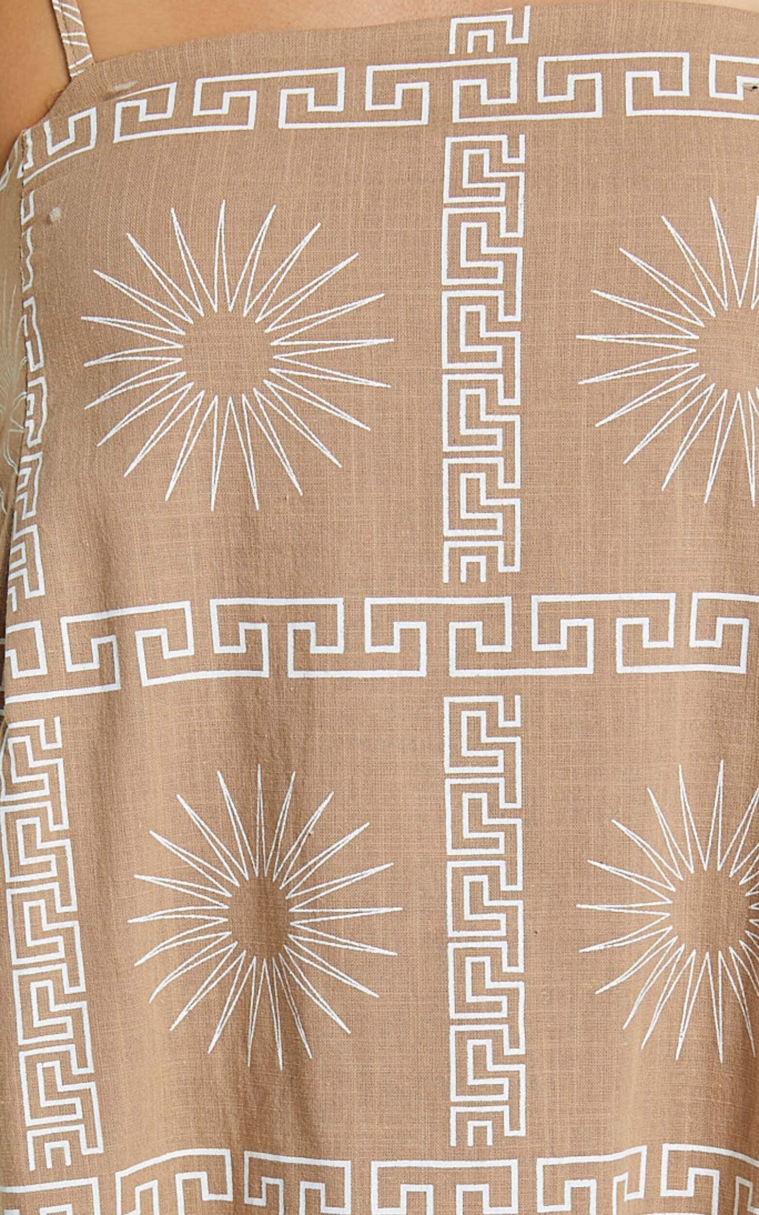 Elia Mini Linen Dress - Straight Neck Sleeveless Slip Dress in Tan/White