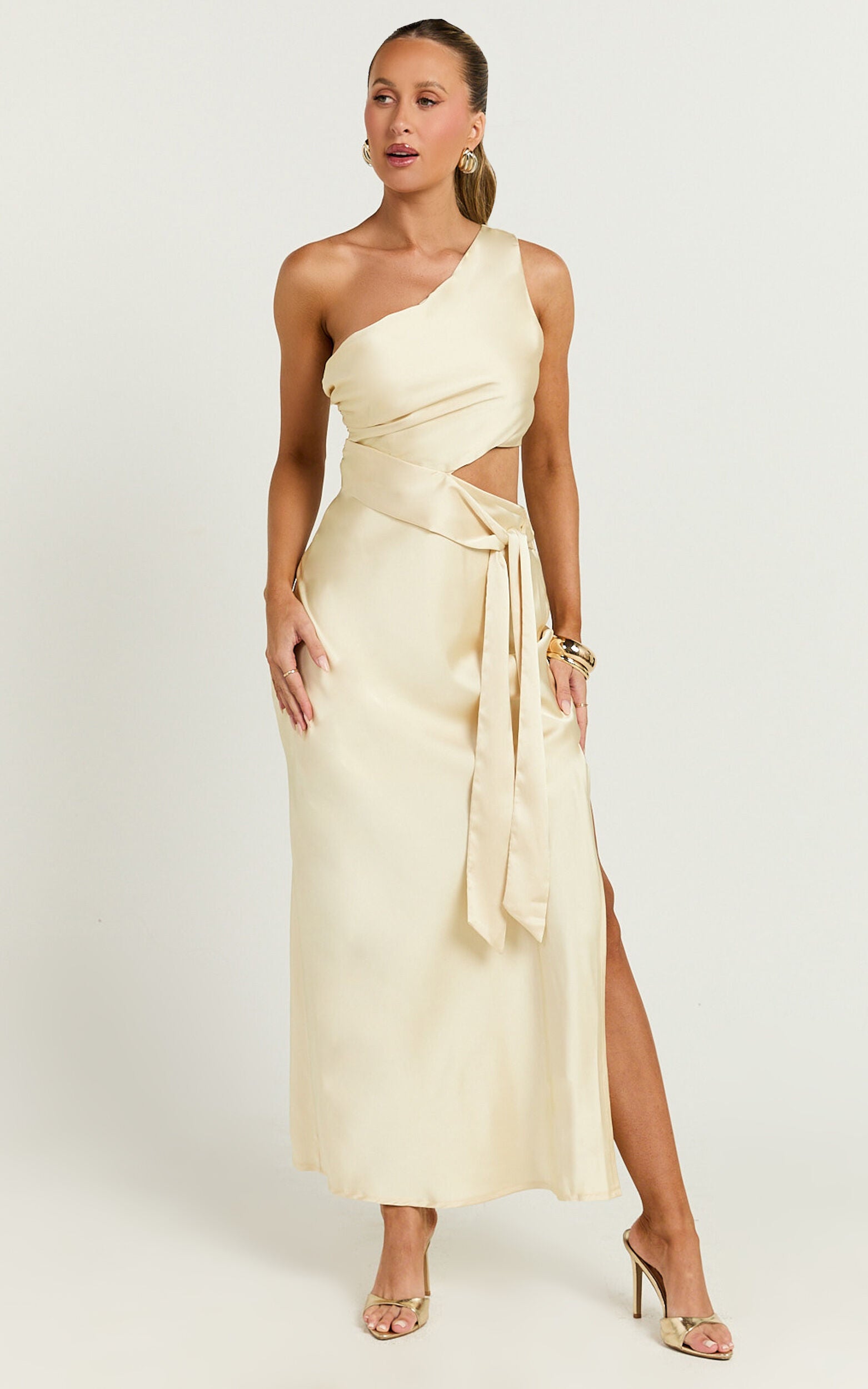 Regina Midi Dress - One Shoulder Cut Out Side Detail  Dress in Butter