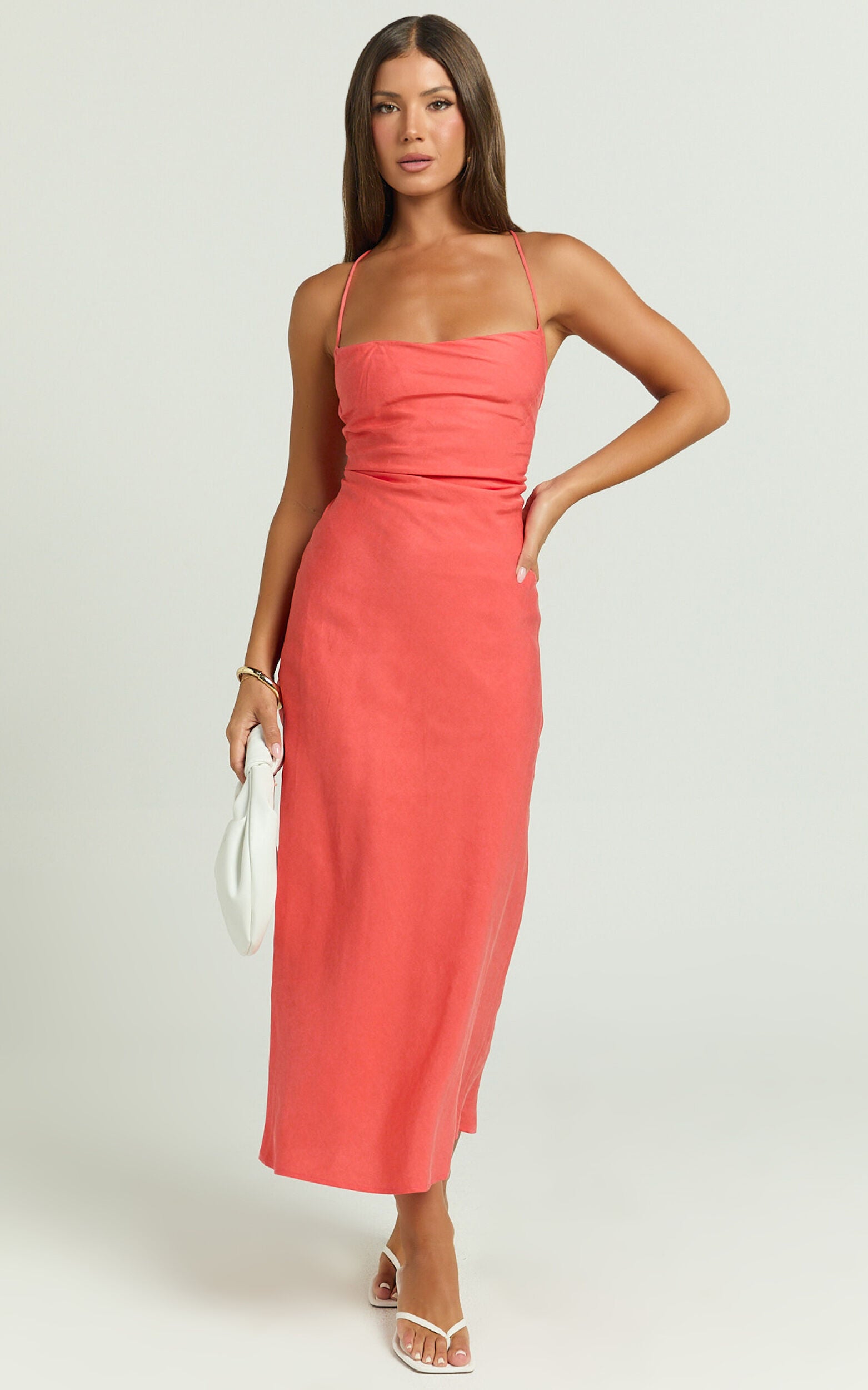 Evangeline Midi Dress - Square Neck Cross Back Bias Dress in Coral