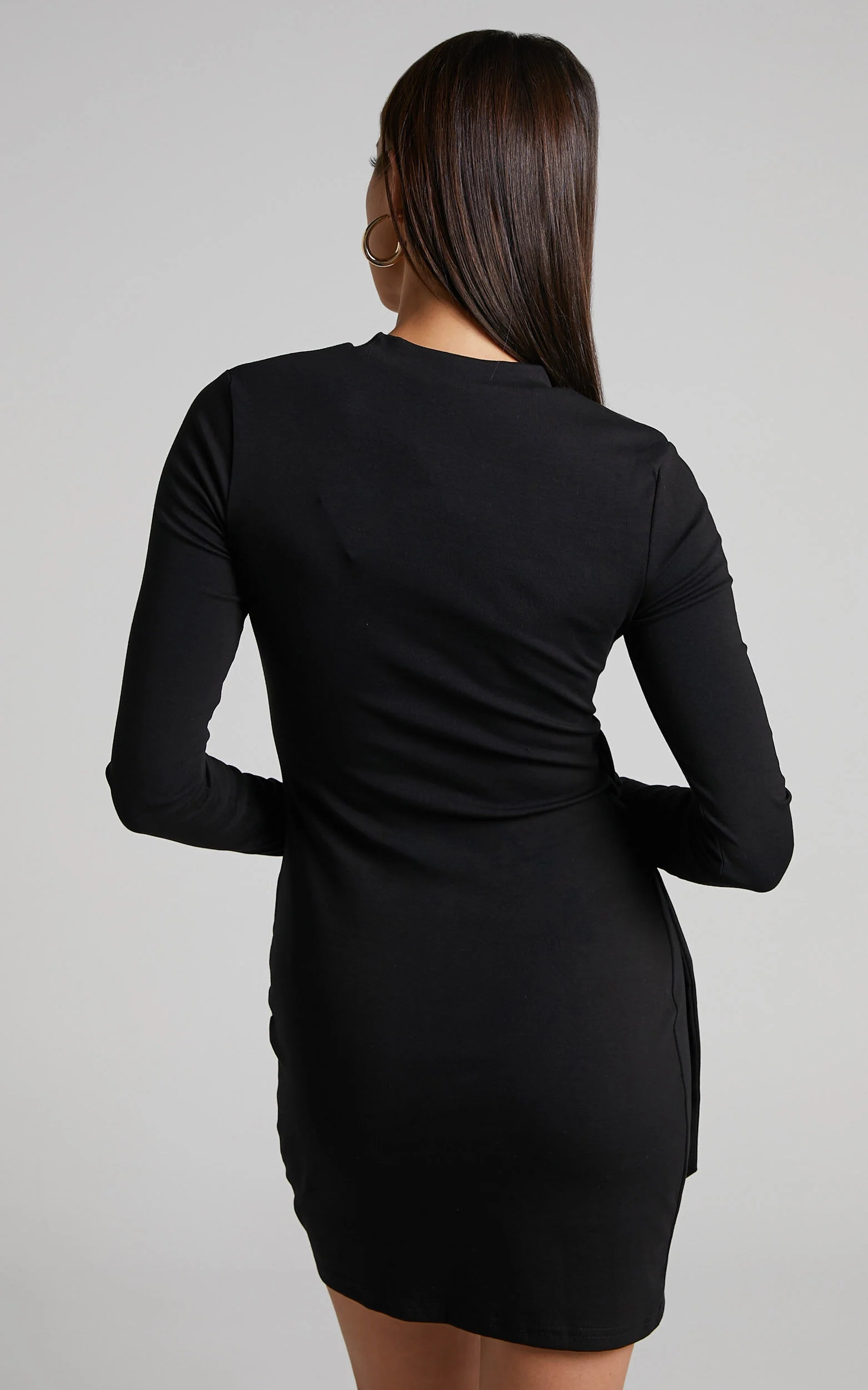 Marleen Mini Dress - Wrap Front Long Sleeve Bodycon Dress in Black