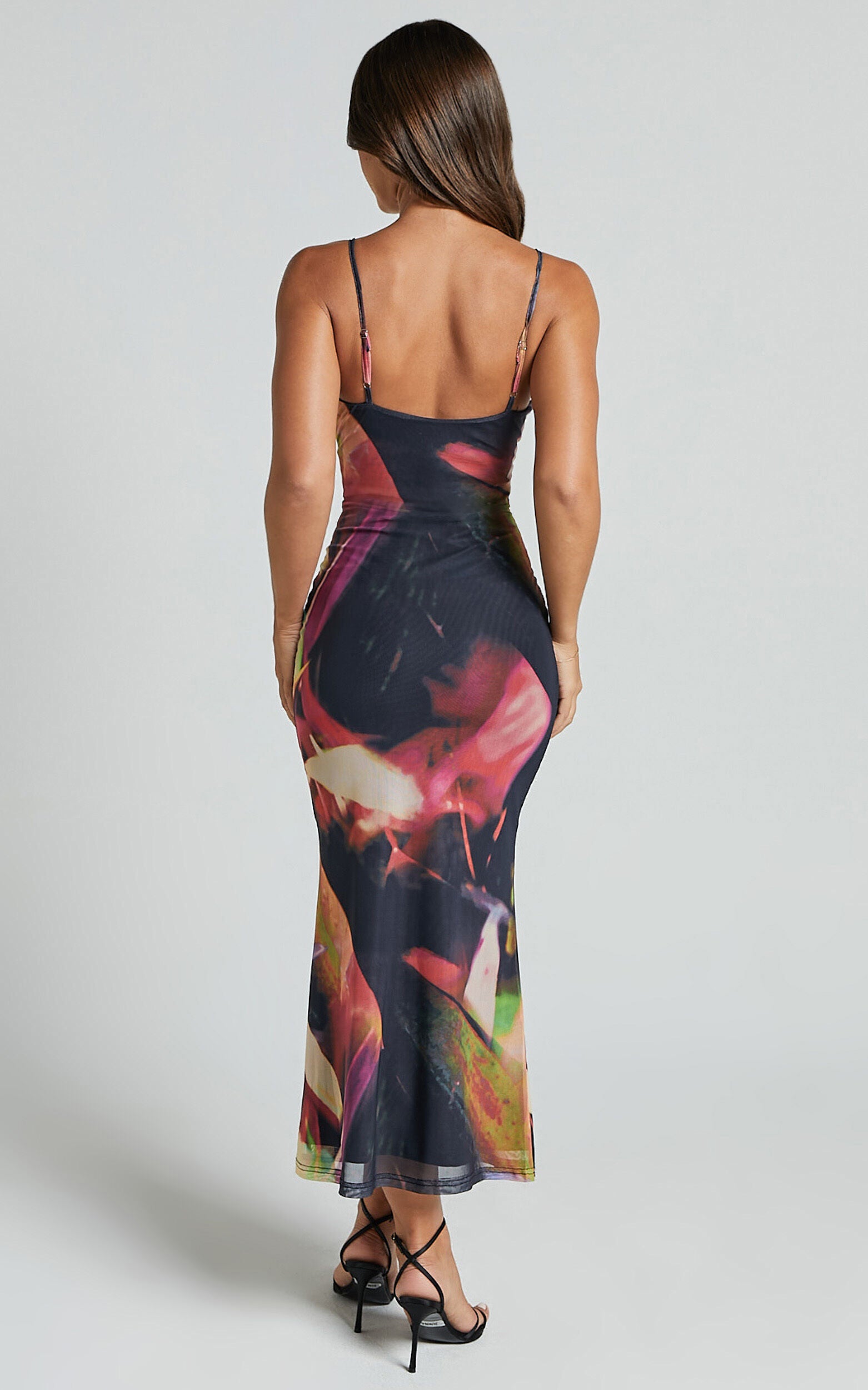 Rashida Midi Dress - V Neck Mesh Printed Dress in Floral Blur