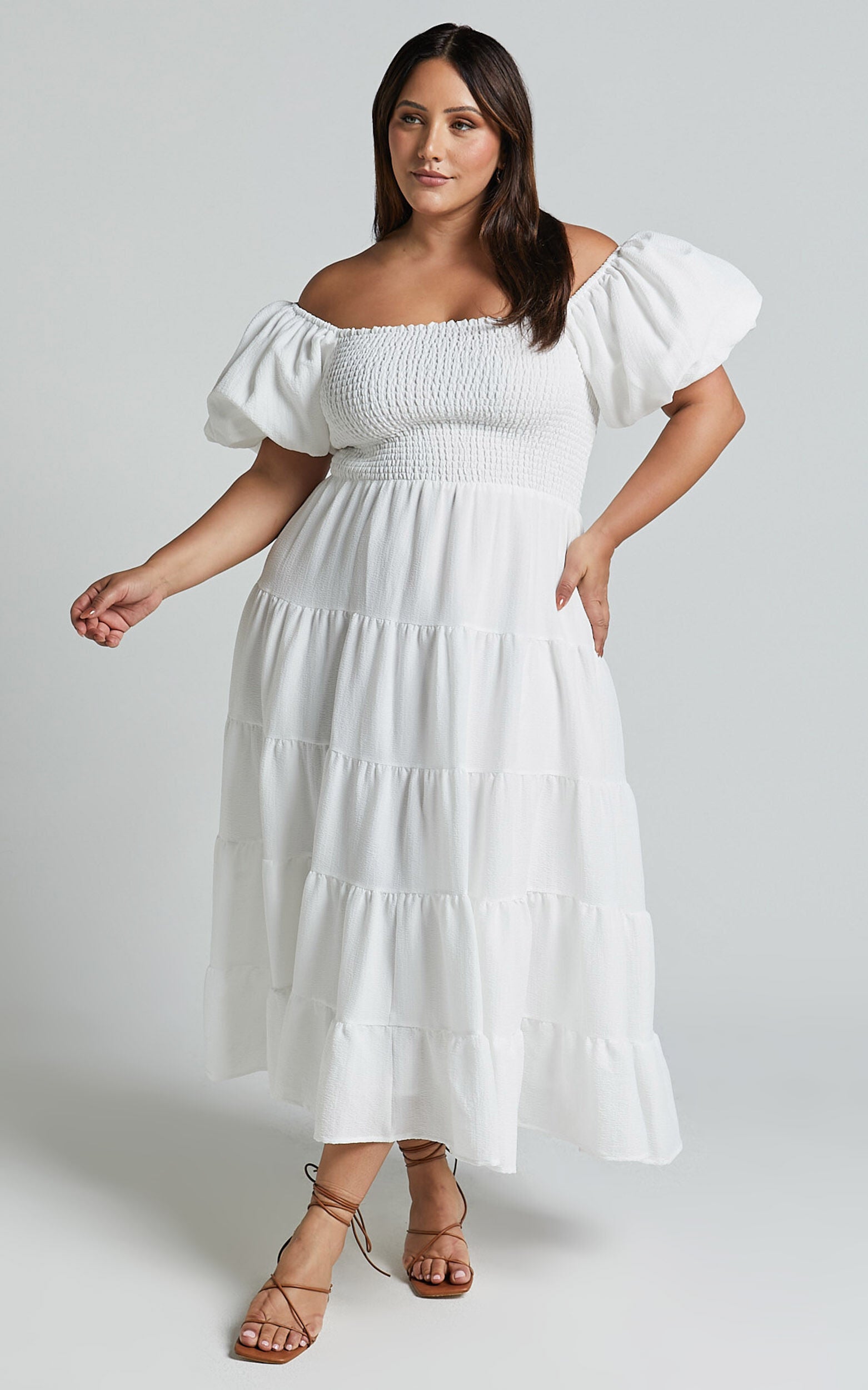 Maxima Midi Dress - Puff Sleeve Shirred Bodice Tiered Dress in White