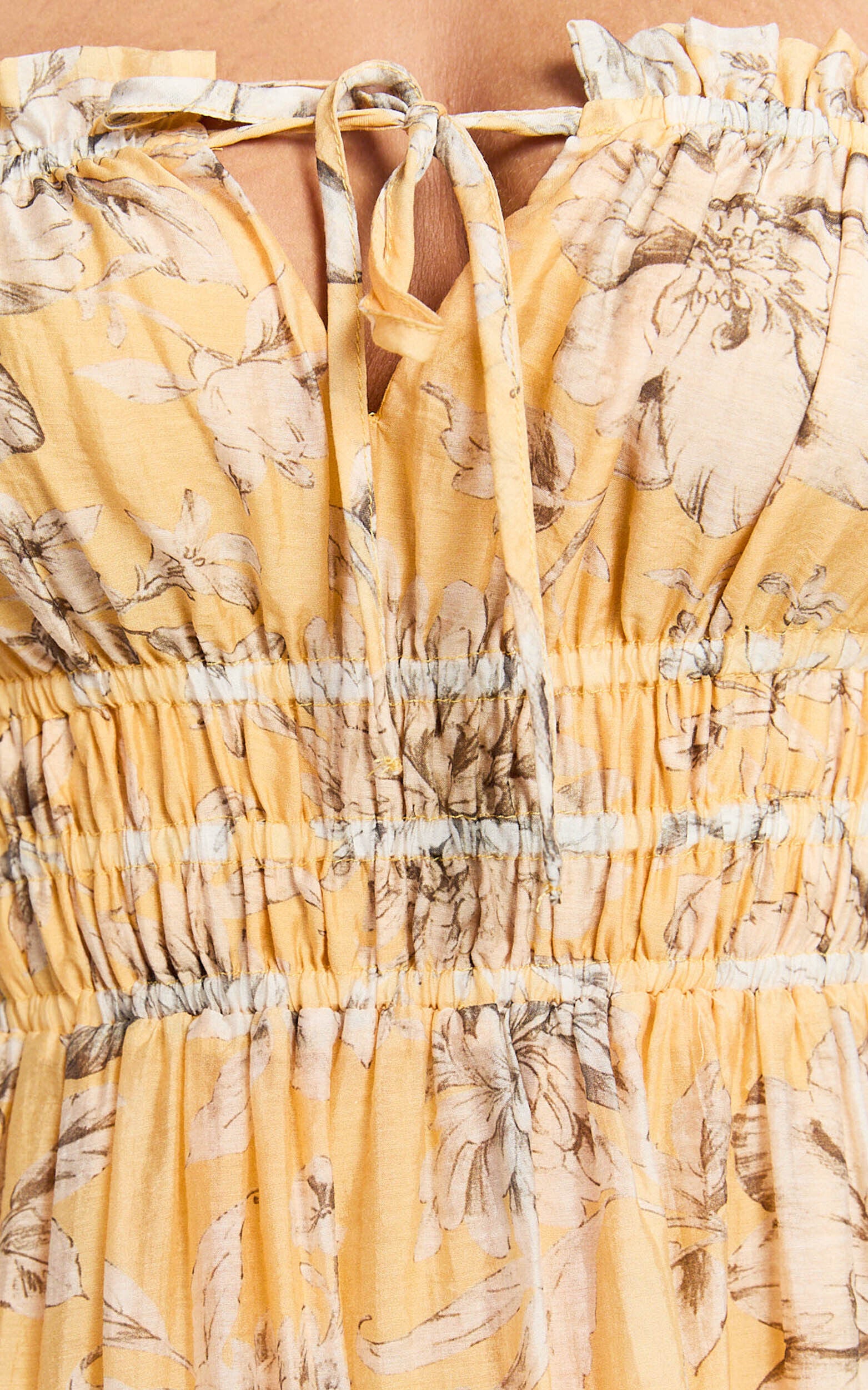 Fran Midi Dress - Ruched Tie Front Tiered Dress in Yellow Floral