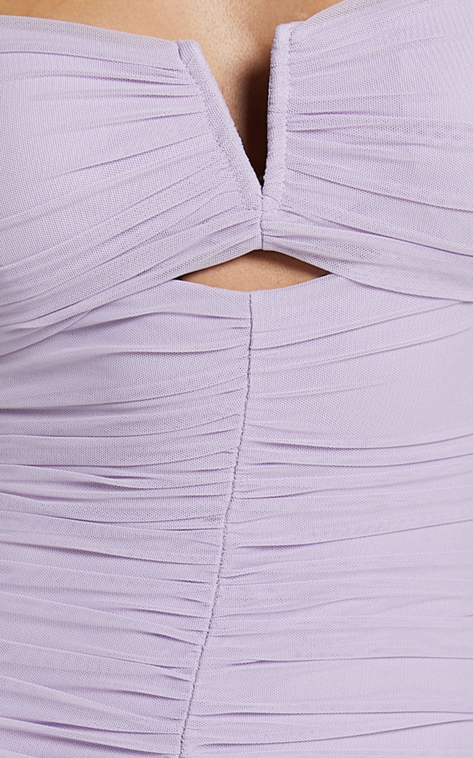 Kody Midi Dress - Bodycon Ruched Mesh Cut Out Dress in Lilac
