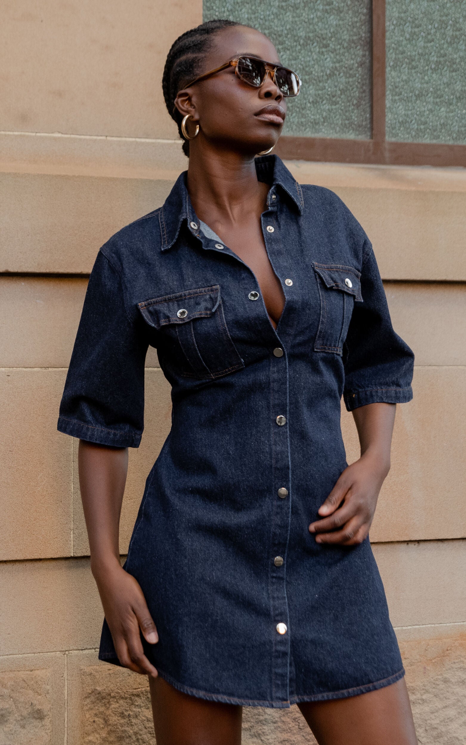 Leilani Mini Dress - Denim Short Sleeve Button Up Dress in Indigo Denim
