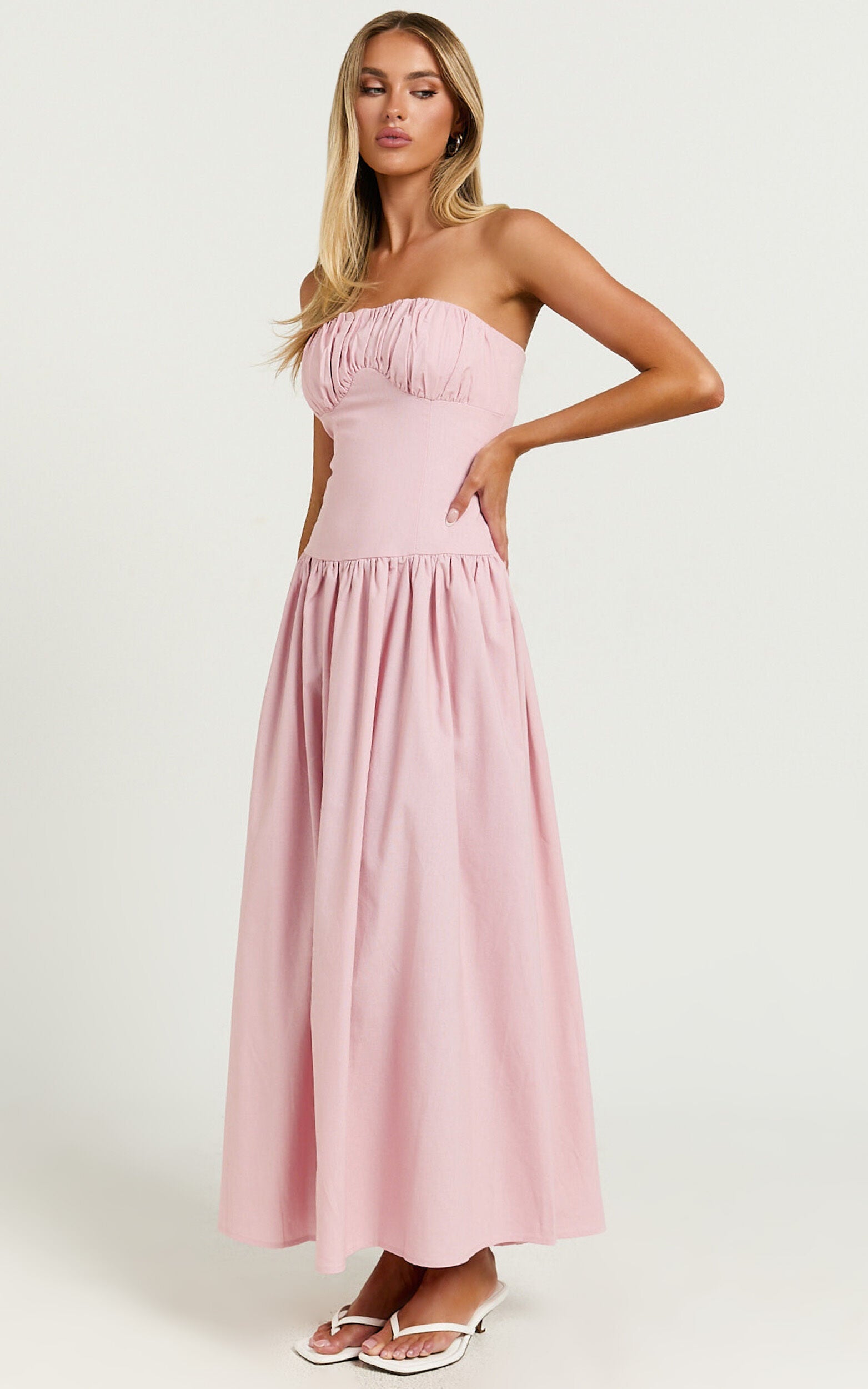 Jerah Midi Dress - Ruched Bust Full Skirt Dress in Pink