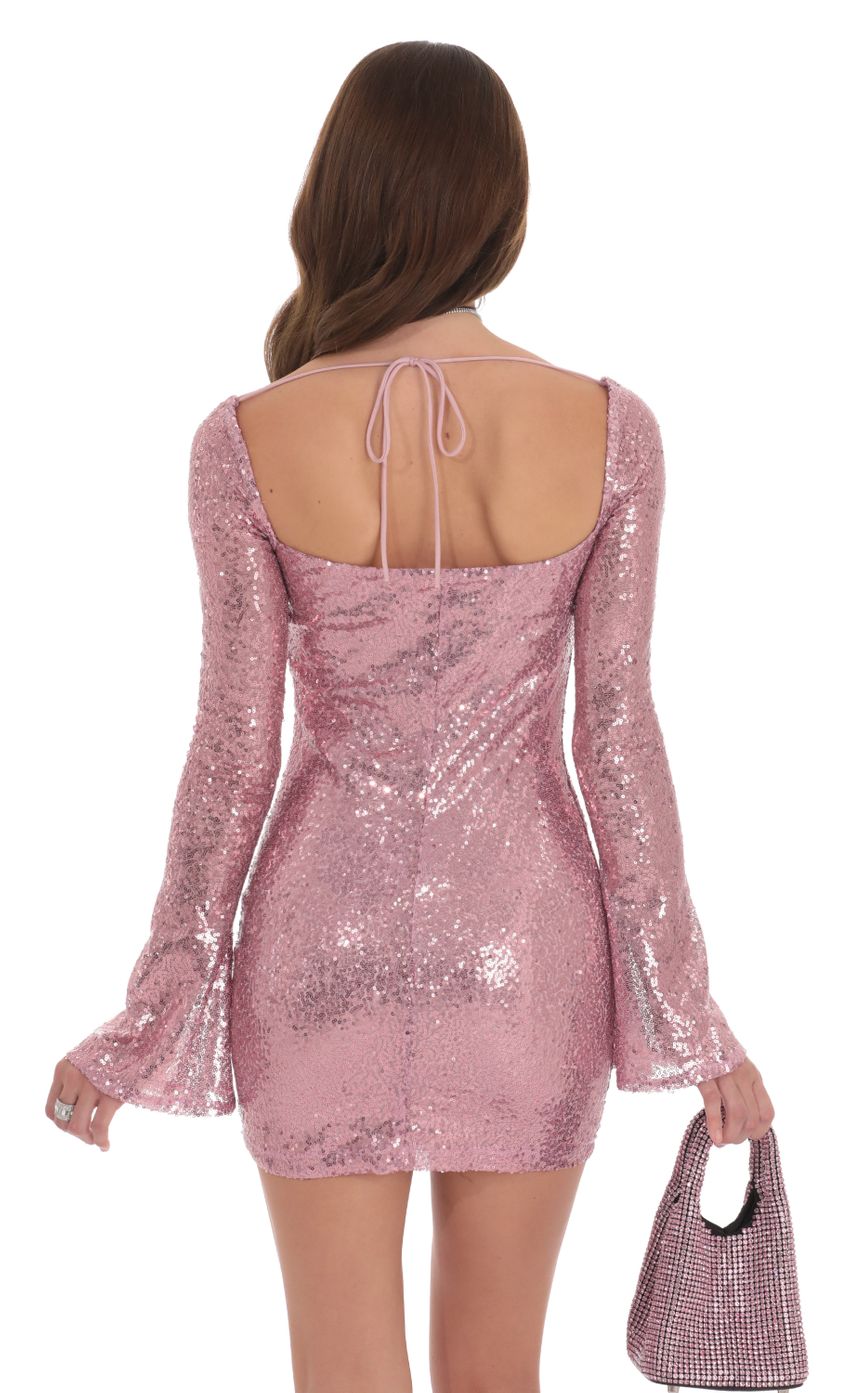 Sequin Long Sleeve Bodycon Dress in Pink