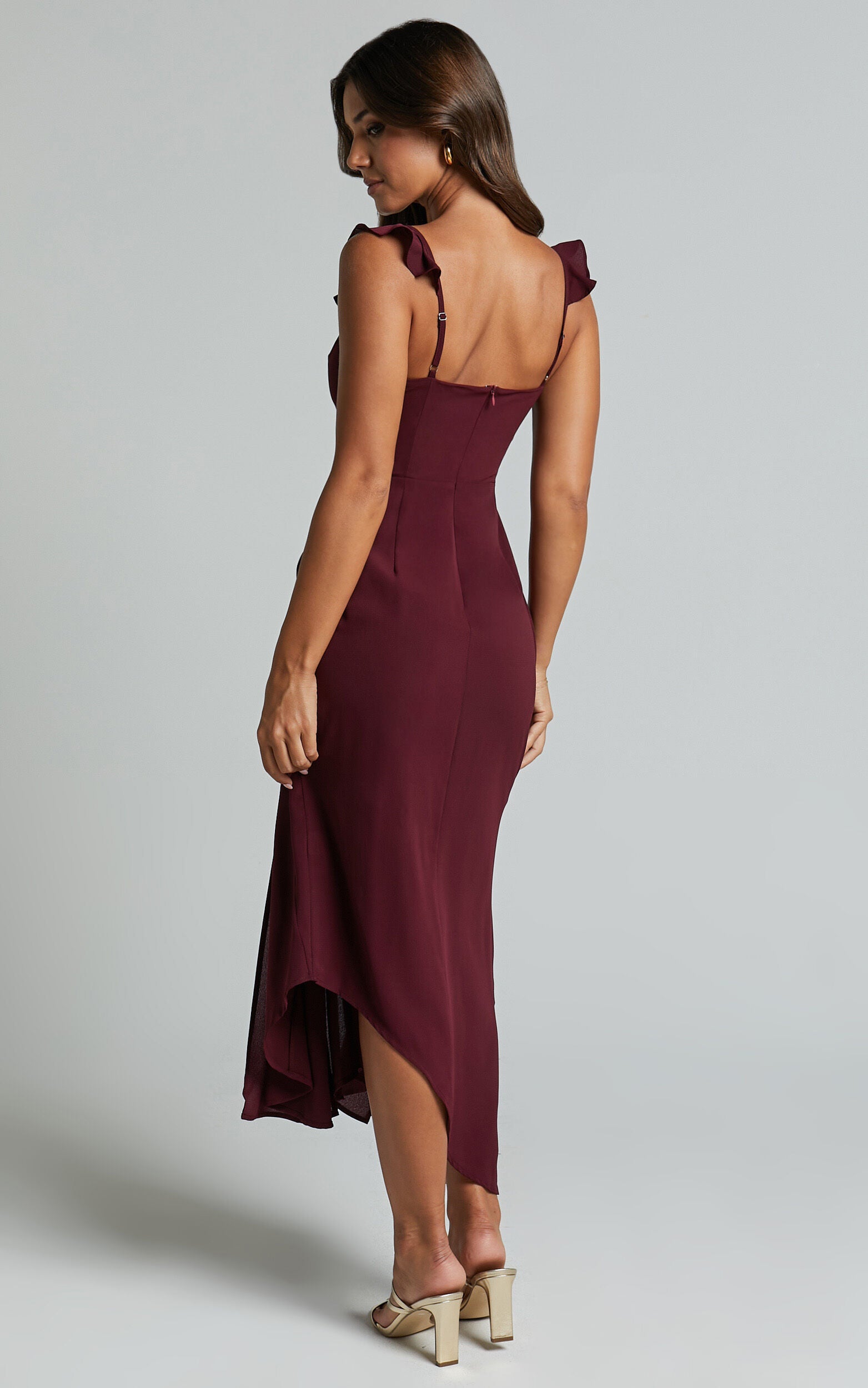 Morgan Midi Dress - Frill Asymmetric Split Dress in Grape