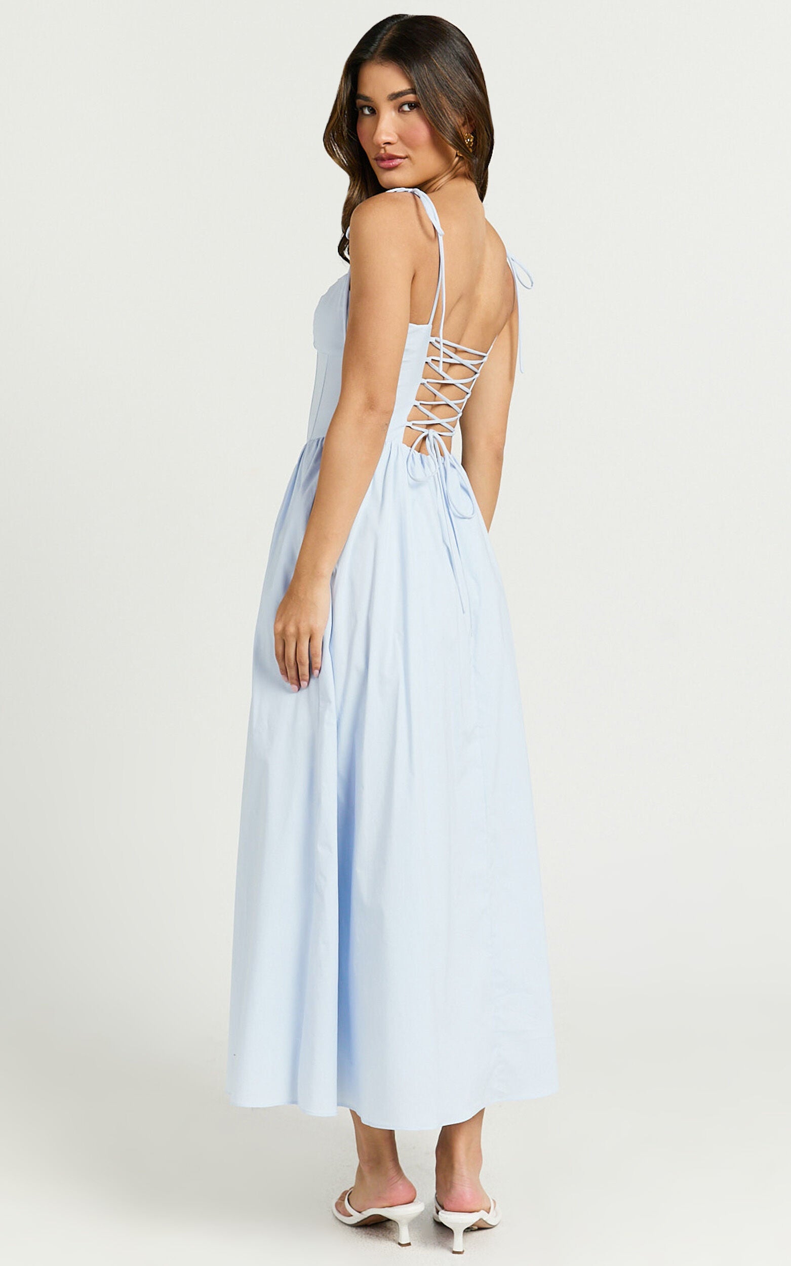 Holly Midi Dress - Corset Lace Up Dress with Split in Soft Blue