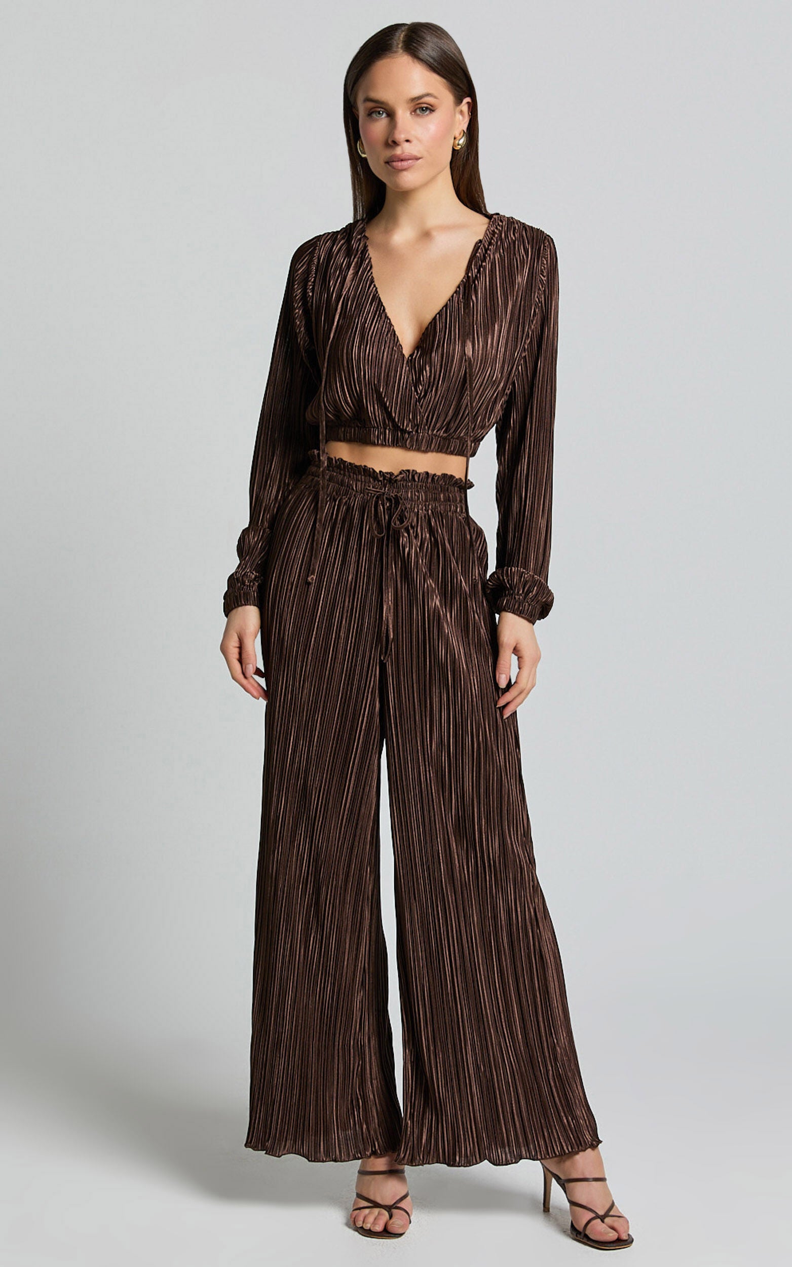 Kallie Pants - High Waist Drawstring Plisse Pants in Chocolate