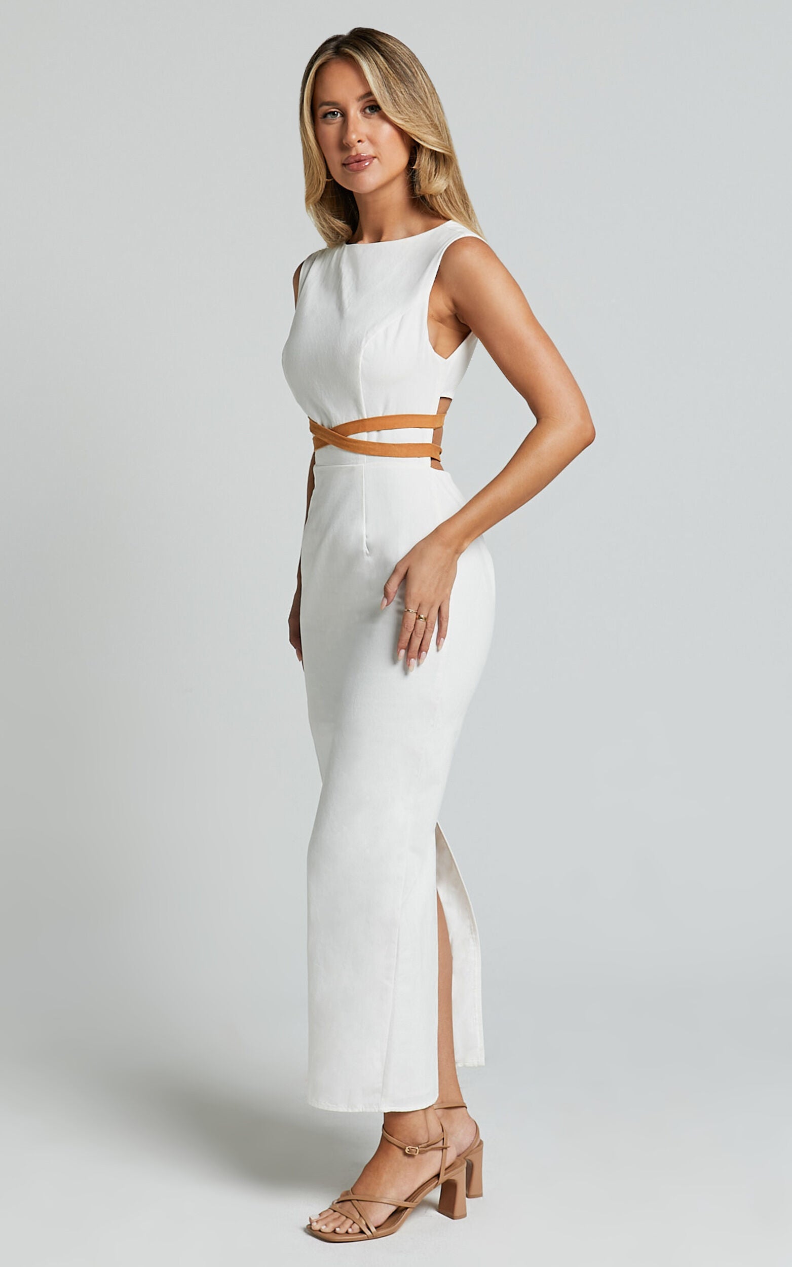 Glenda Midi Dress - High Neck Sleeveless Back Split Slip Dress in White