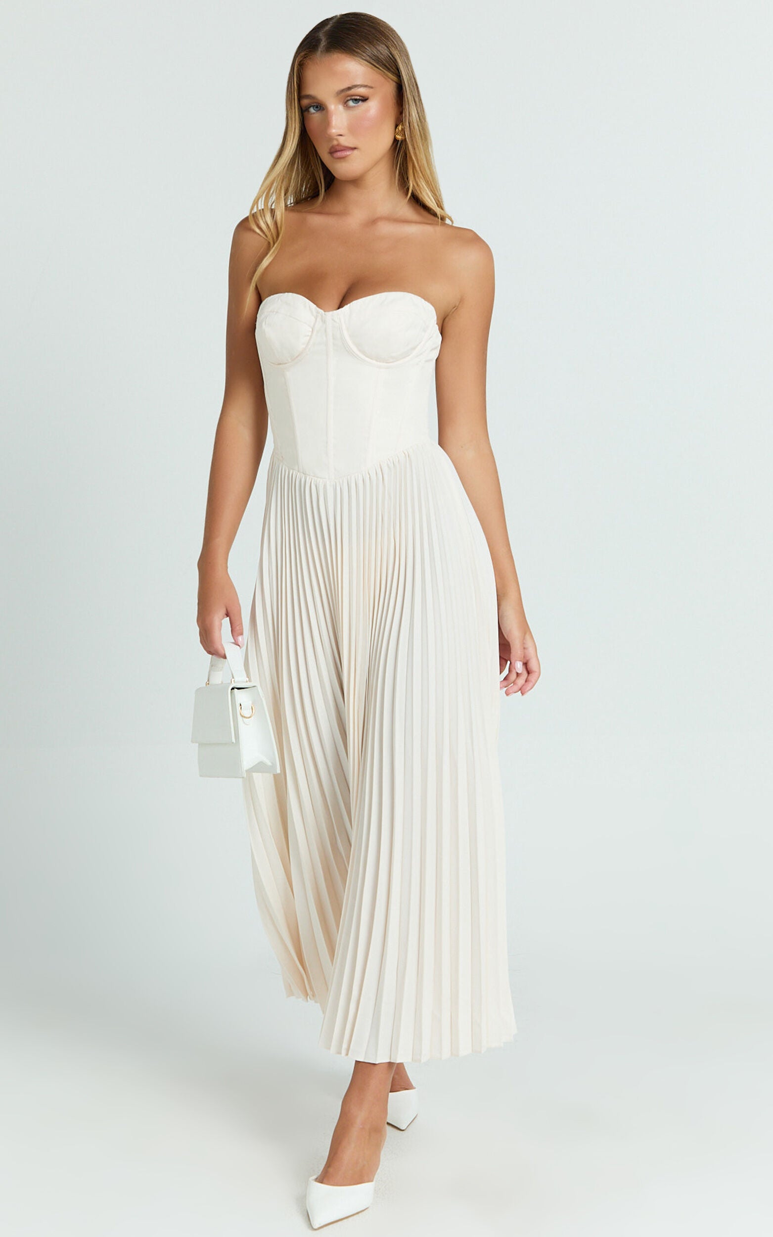 Loretta Midi Dress - Lace Up Back Bustier Pleated Dress in Cream