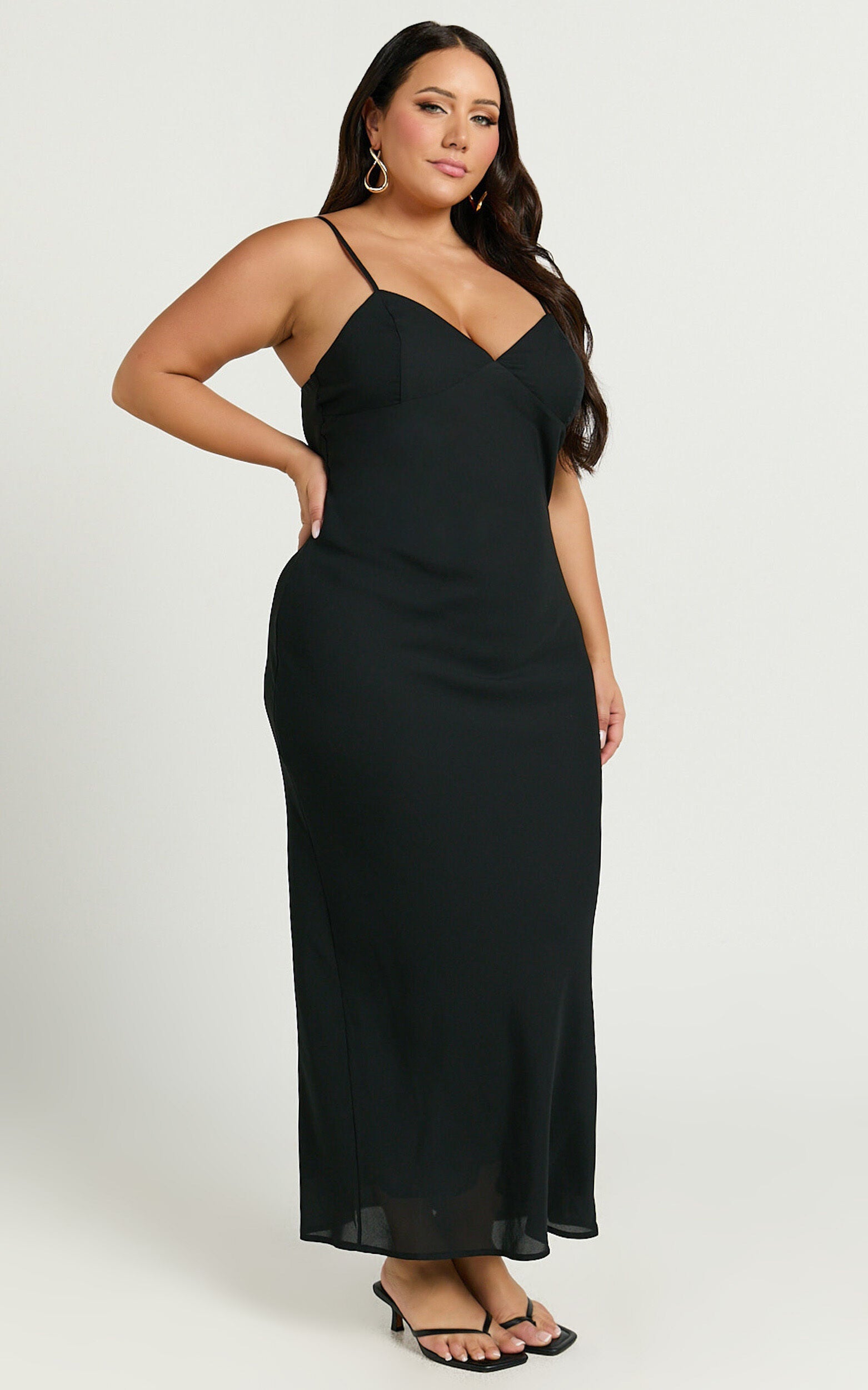 Fayette Midi Dress - V Neck Slip Dress in Black