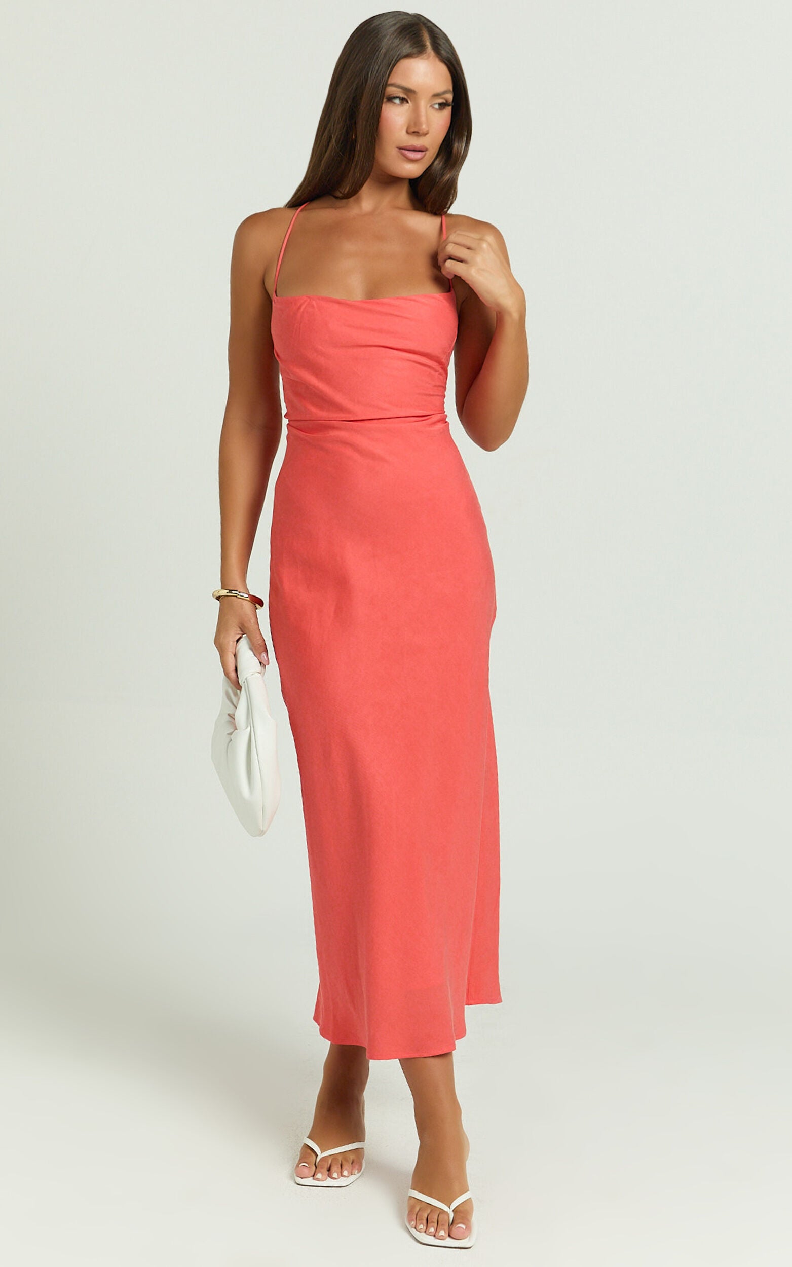 Evangeline Midi Dress - Square Neck Cross Back Bias Dress in Coral