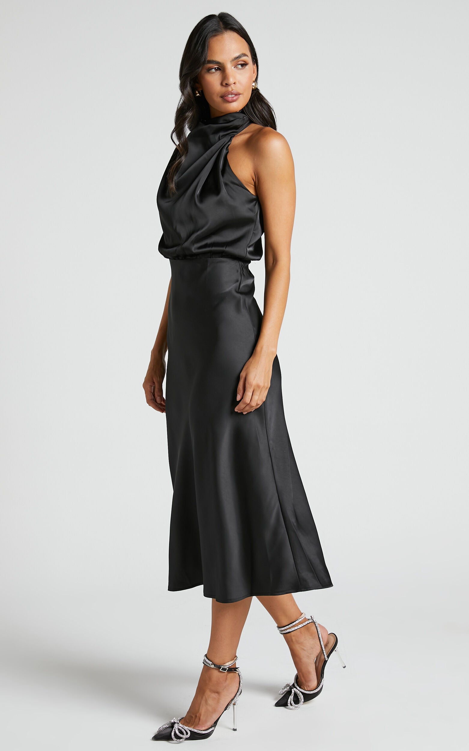 Minnie Midi Dress - Drape Neck Satin Slip Dress in Black