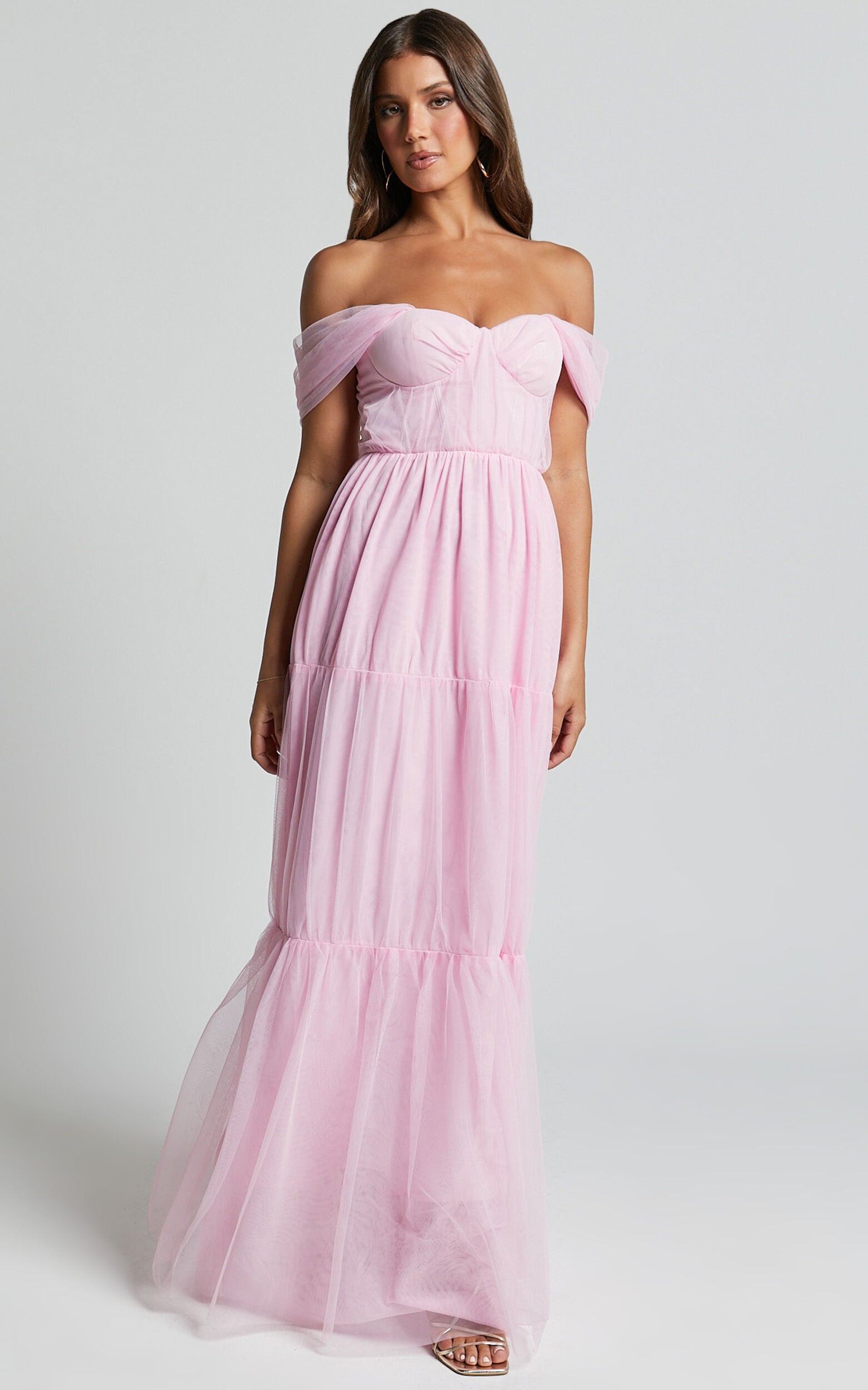 Ontario Maxi Dress - Off Shoulder Corset Bodice Tulle Dress in Ballet Pink
