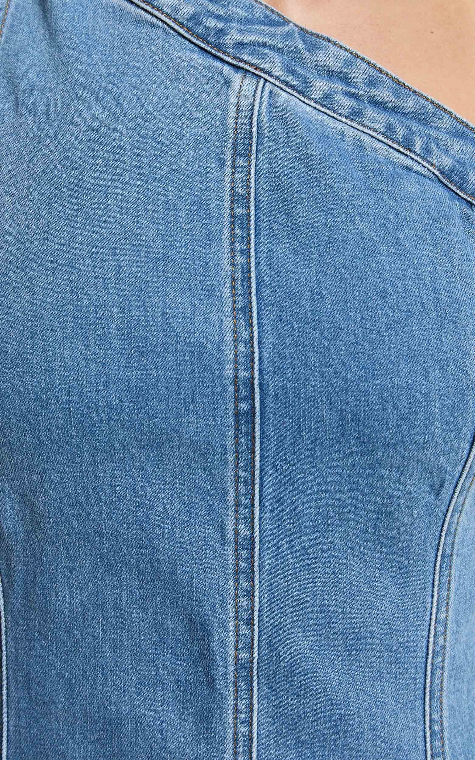 Harmony Mini Dress - One Shoulder Bodycon Recycled Denim Dress in Mid Blue Wash