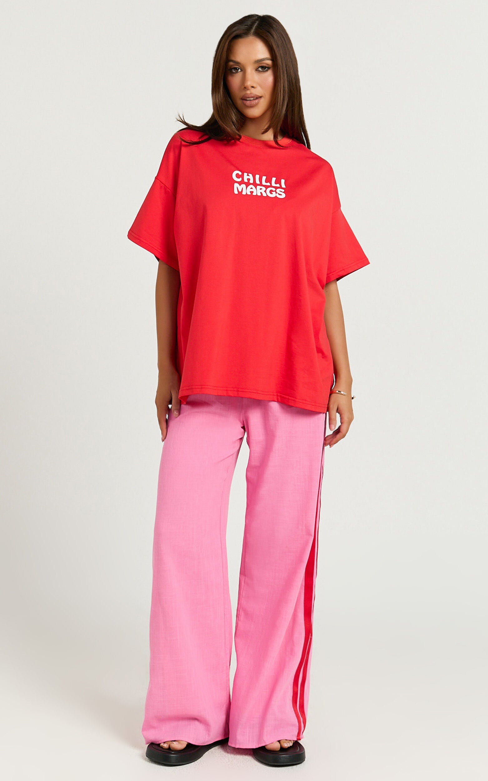 Editha Two Piece Set - Chilli Margs Oversized Tee and Stripe Pant Set in Red/Pink