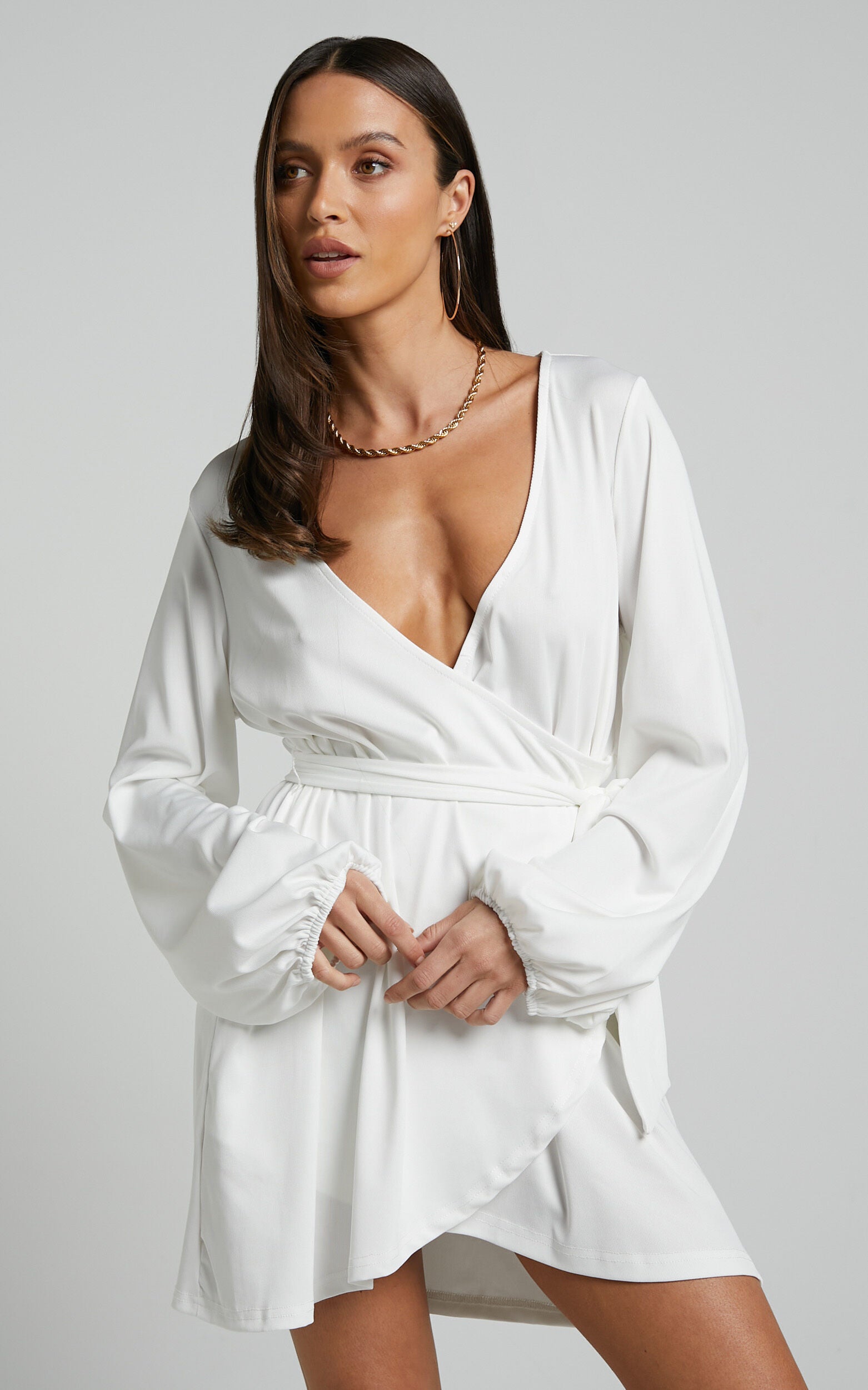 Lexina Mini Dress - Long Sleeve Wrap Centre Tie Dress in Off White