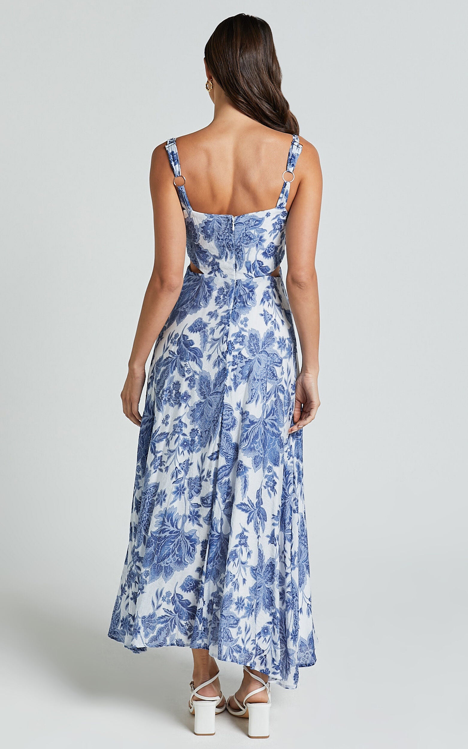 Jackleyn Midi Dress - Sweetheart A Line Dress in Blue Floral