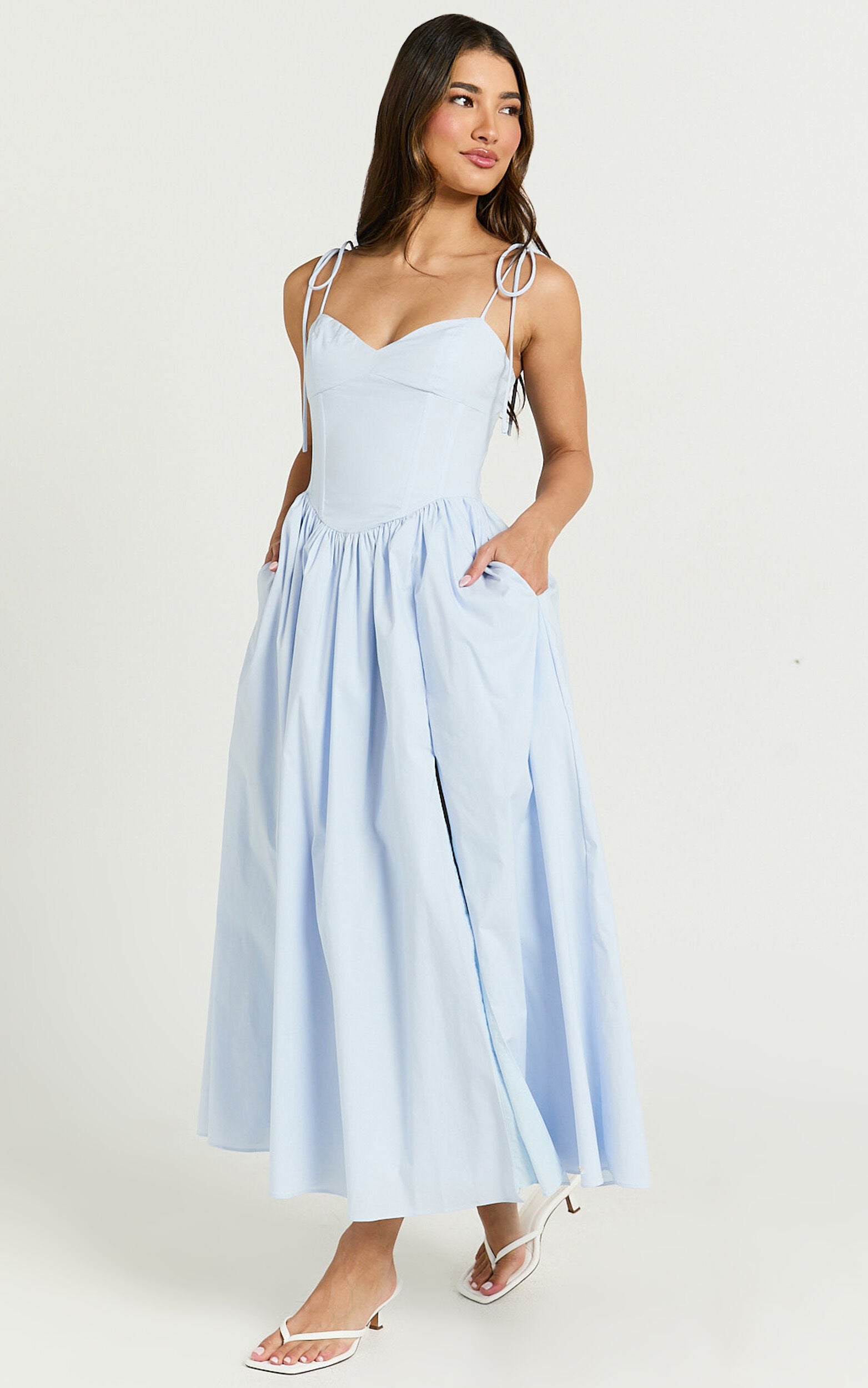 Holly Midi Dress - Corset Lace Up Dress with Split in Soft Blue