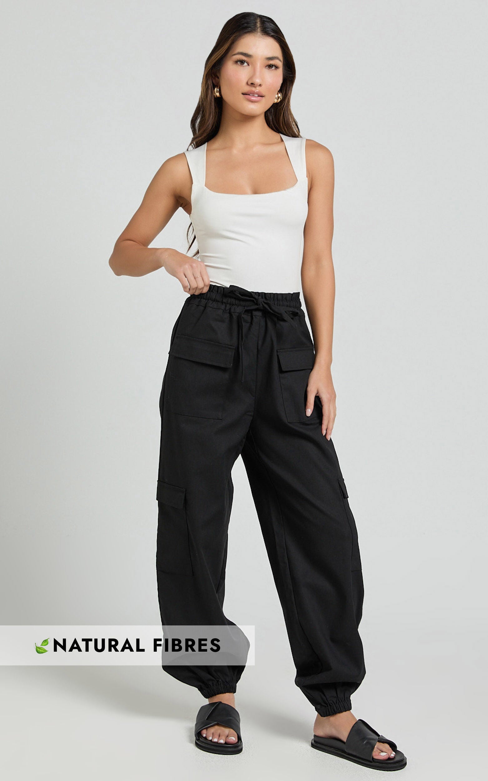 Simpson Pants - Linen Tie Waist Pocket Detail Cargo Pants in Black