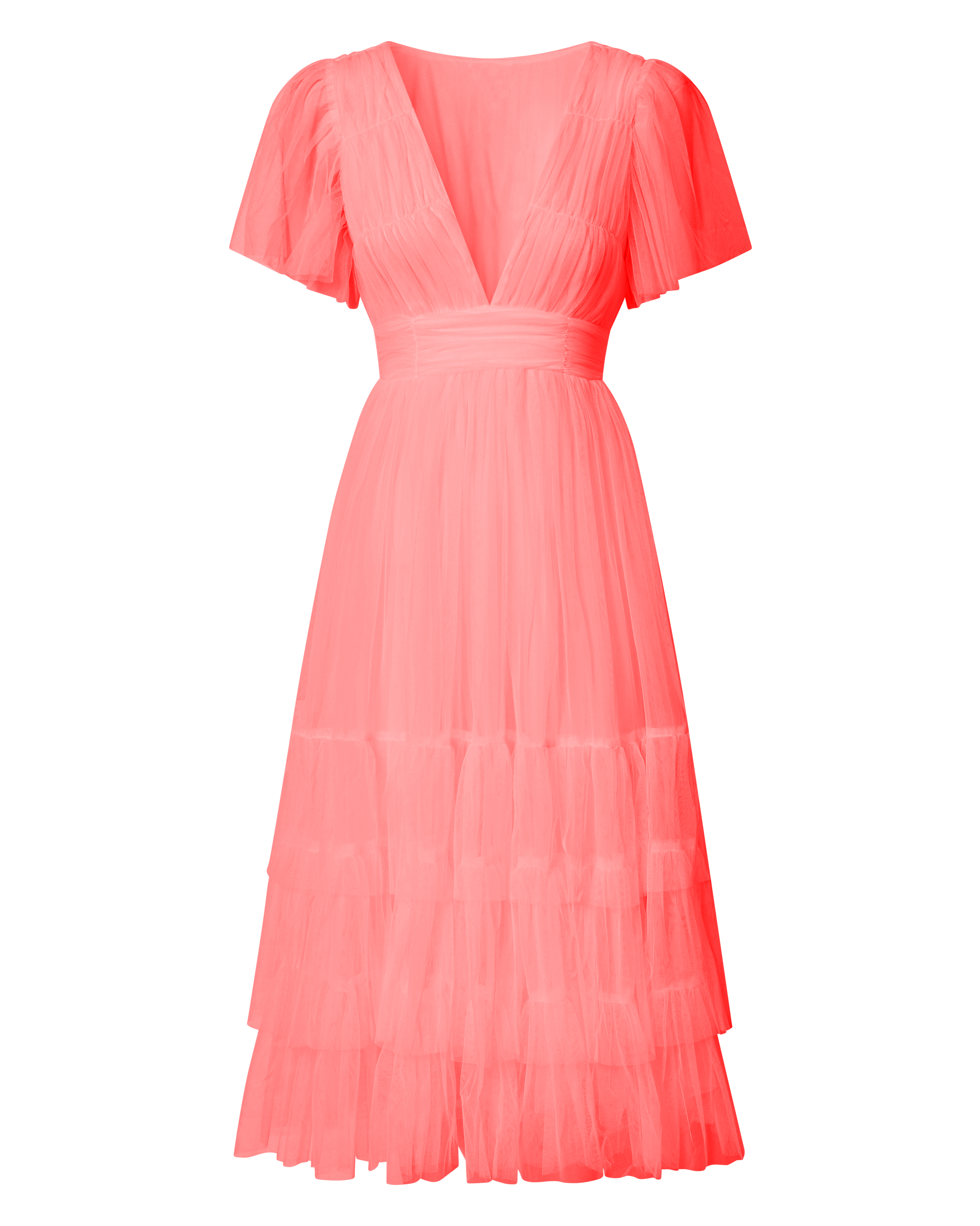 Jiraye Midi Dress - Flutter Sleeve Tuelle Plunge Dress in Coral