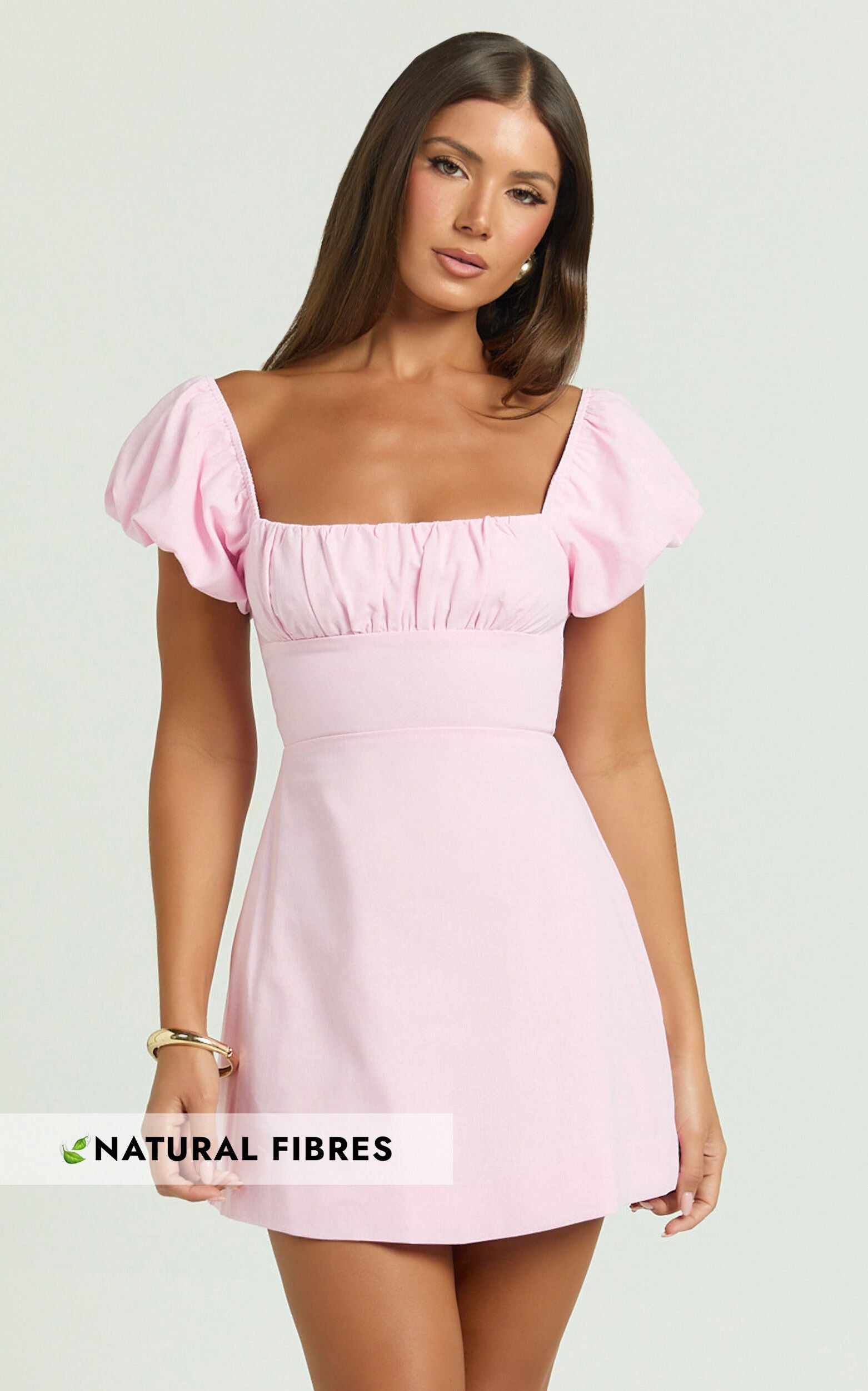 Ginny Mini Dress - Square Neck Ruched Bodice Puff Sleeve Straight Dress in Pink