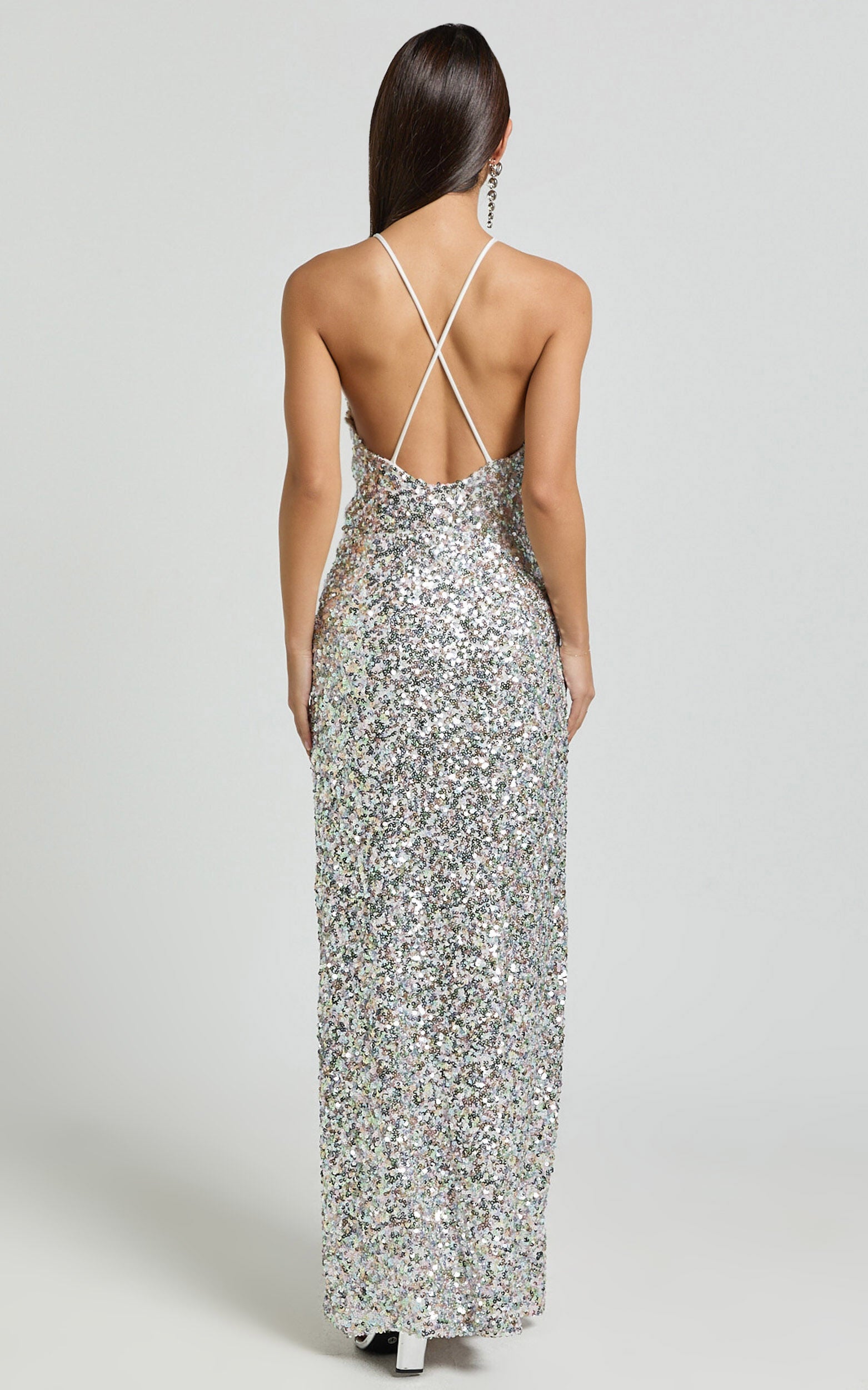 Frieda Maxi Dress - Halter Neck Cross Back Sequin Dress in Rainbow Silver