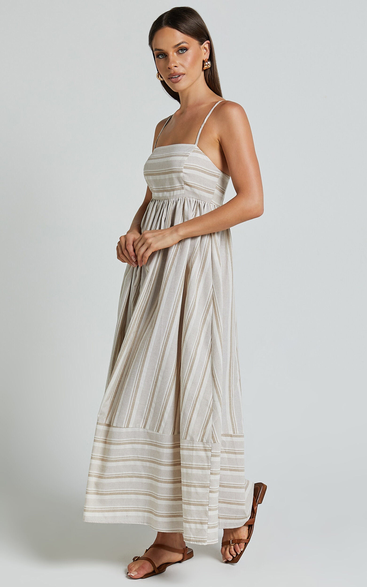 Katheryn Midi Dress - Strappy Straight Neck A Line Gathered Dress in Beige and Natural Stripe