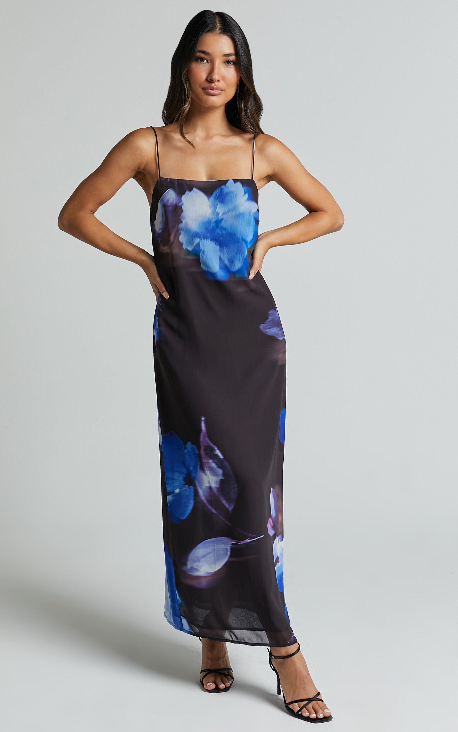 Emmanuelle Midi Dress - Strappy Side Split Satin Dress in Electric Bloom Print