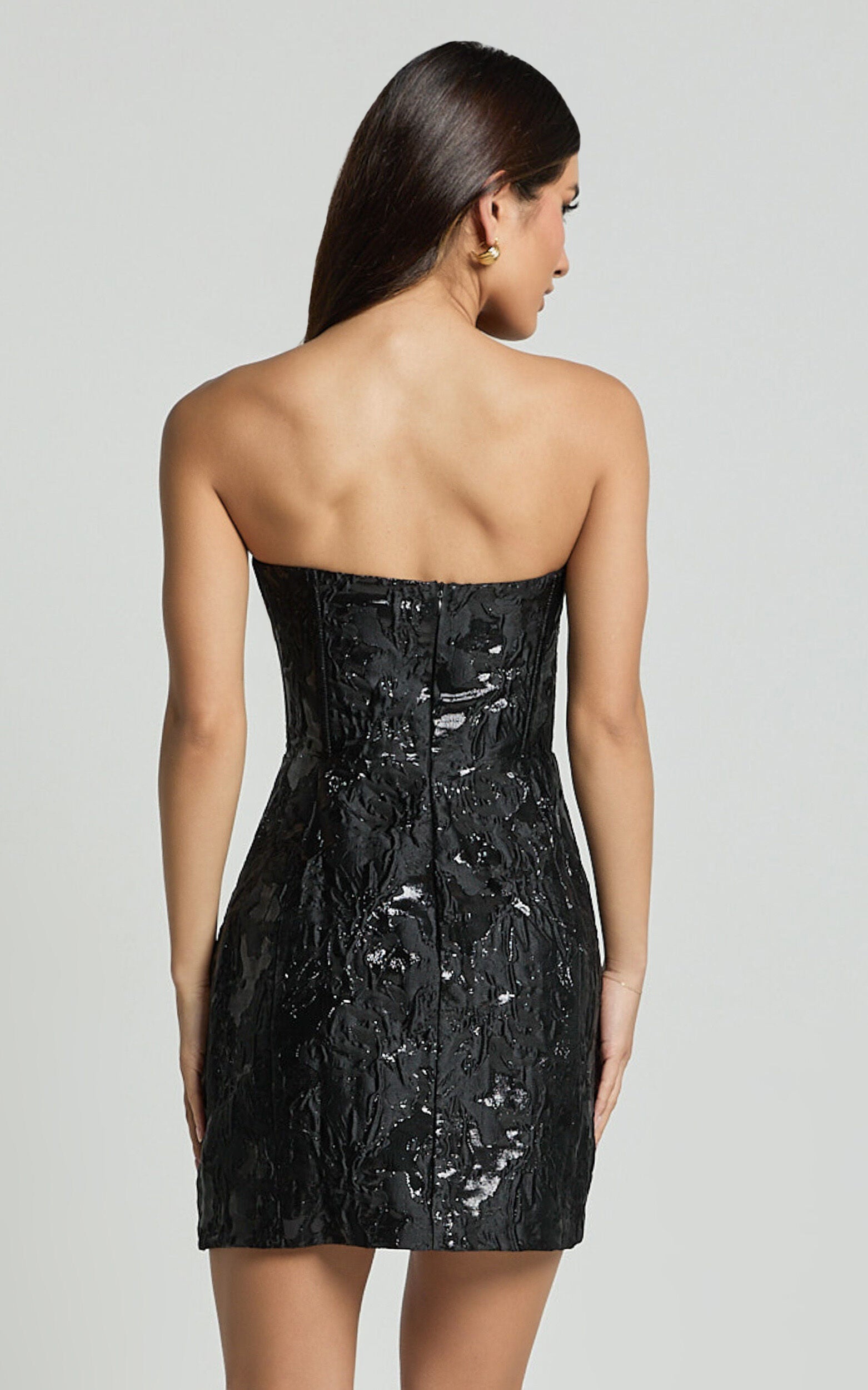 Willa Mini Dress - Jacquard Strapless Corset Dress in Black