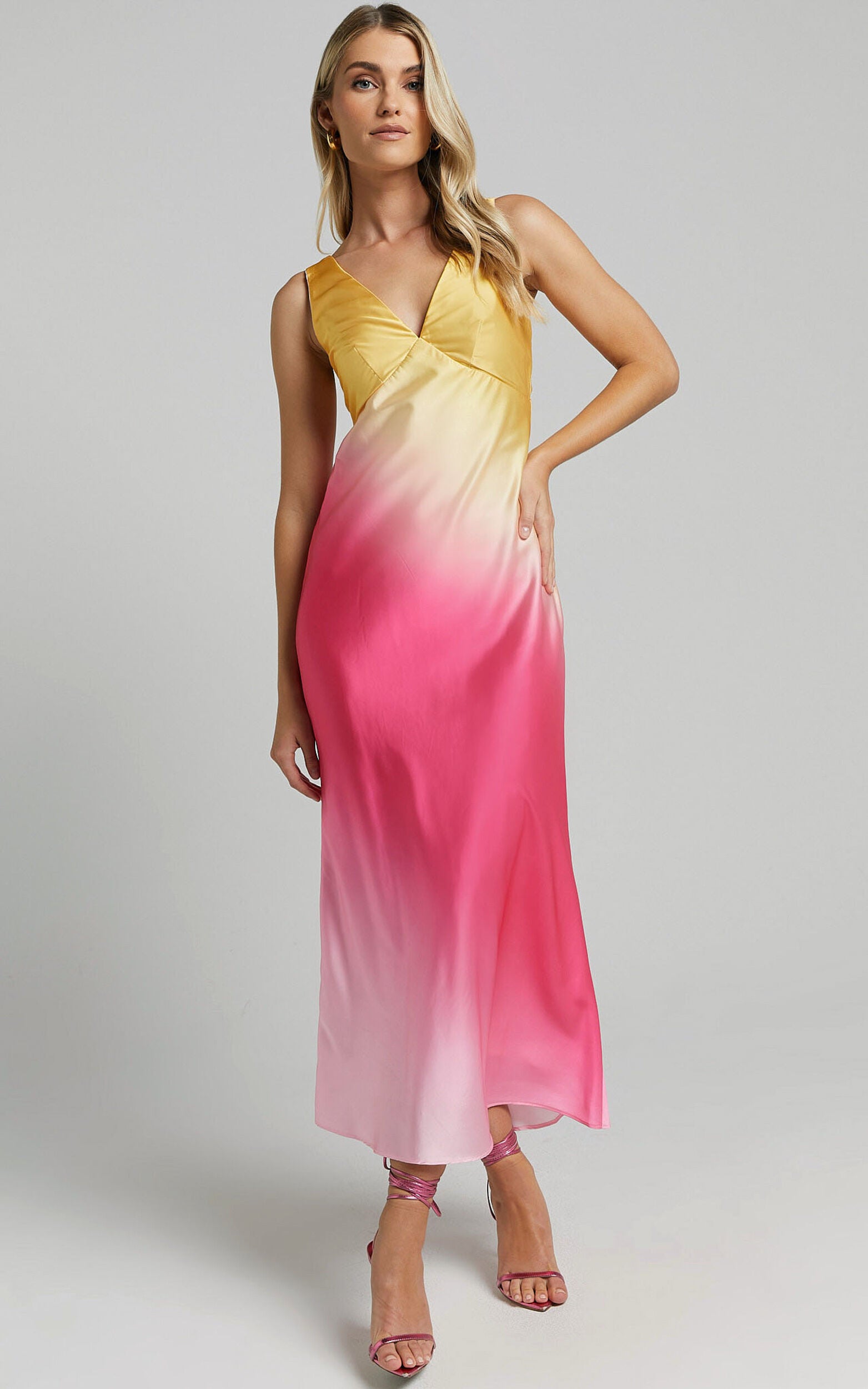 Erika Midi Dress - V Neck Satin Slip Dress in SUNSET OMBRE