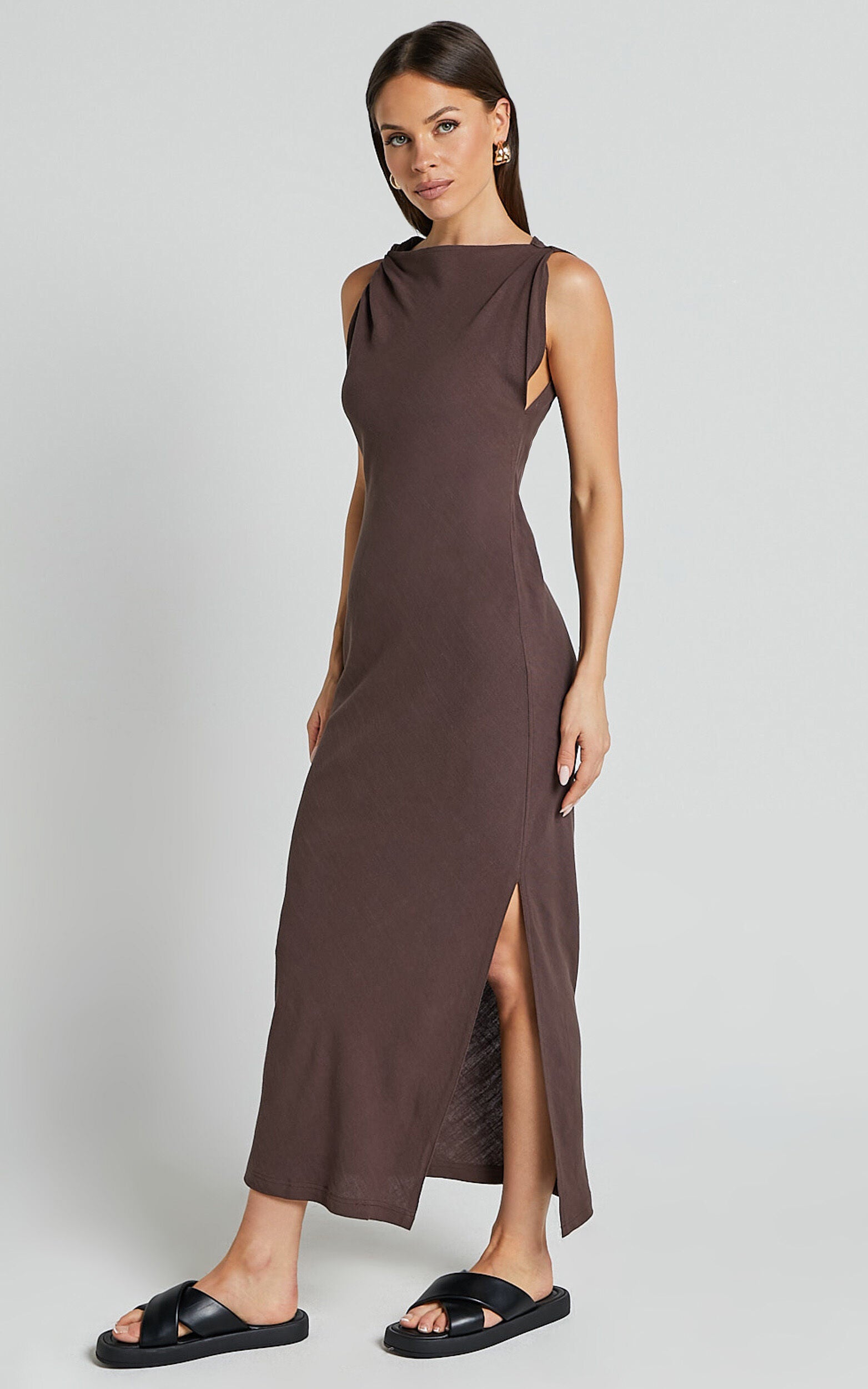 Jessenia Midi Dress - Linen High Neck Dress in Chocolate