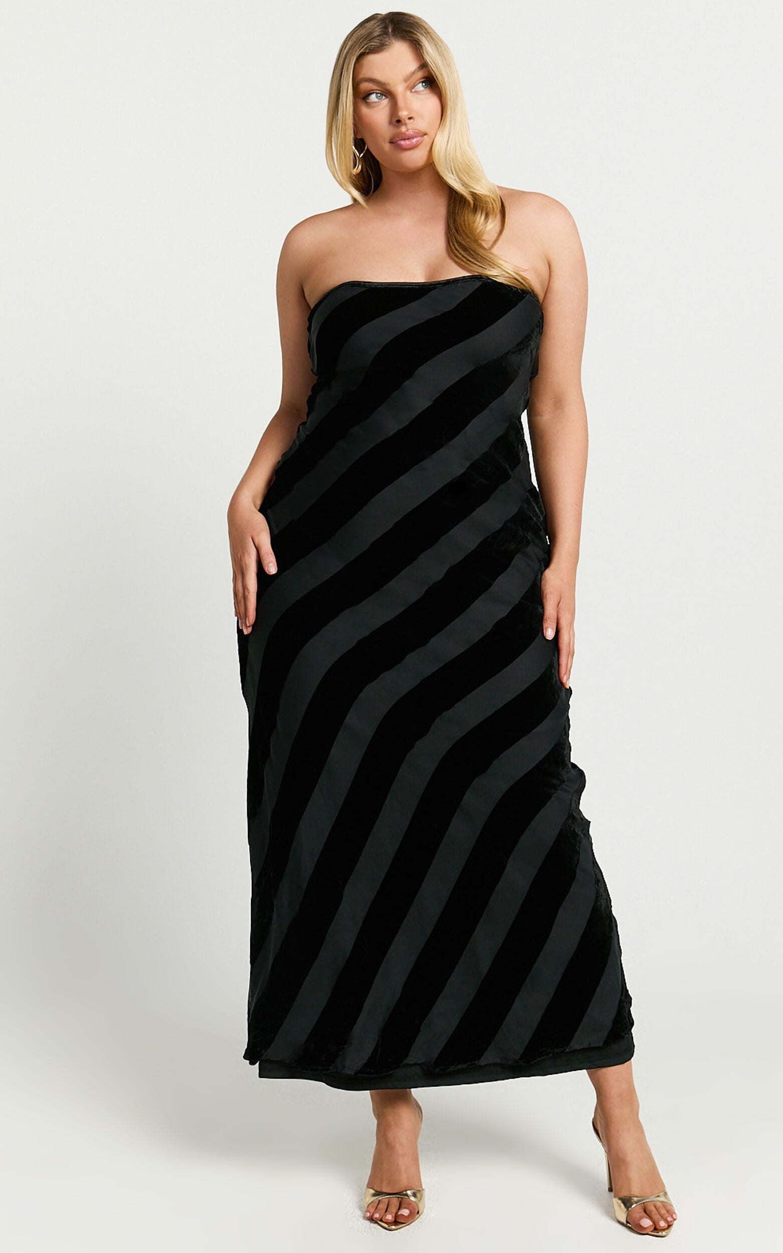 Genevieve Midi Dress - Strapless Stripe Burnout Dress in Black Stripe