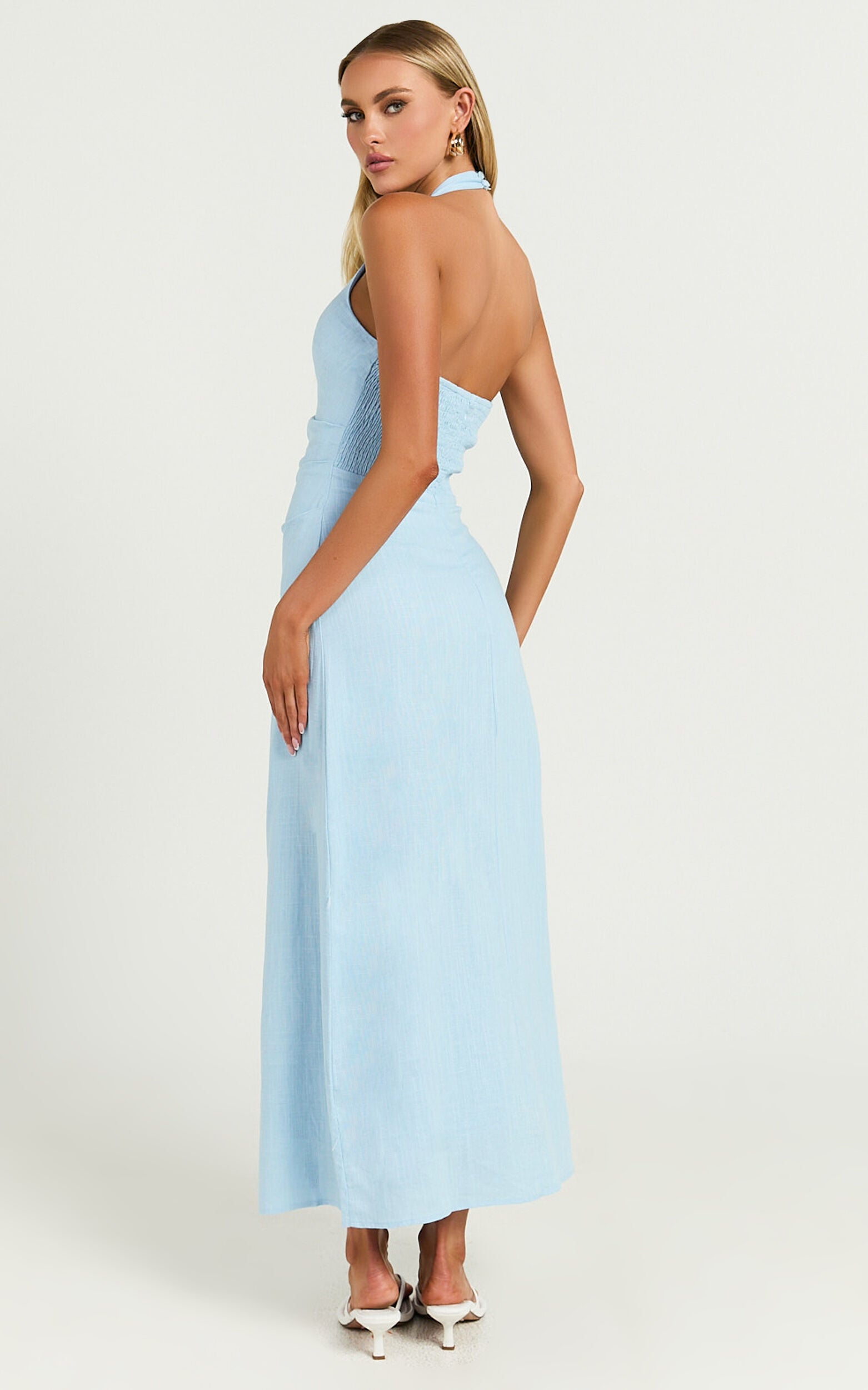Lindley Midi Dress - Halter Neck Linen Look Dress in Soft Blue