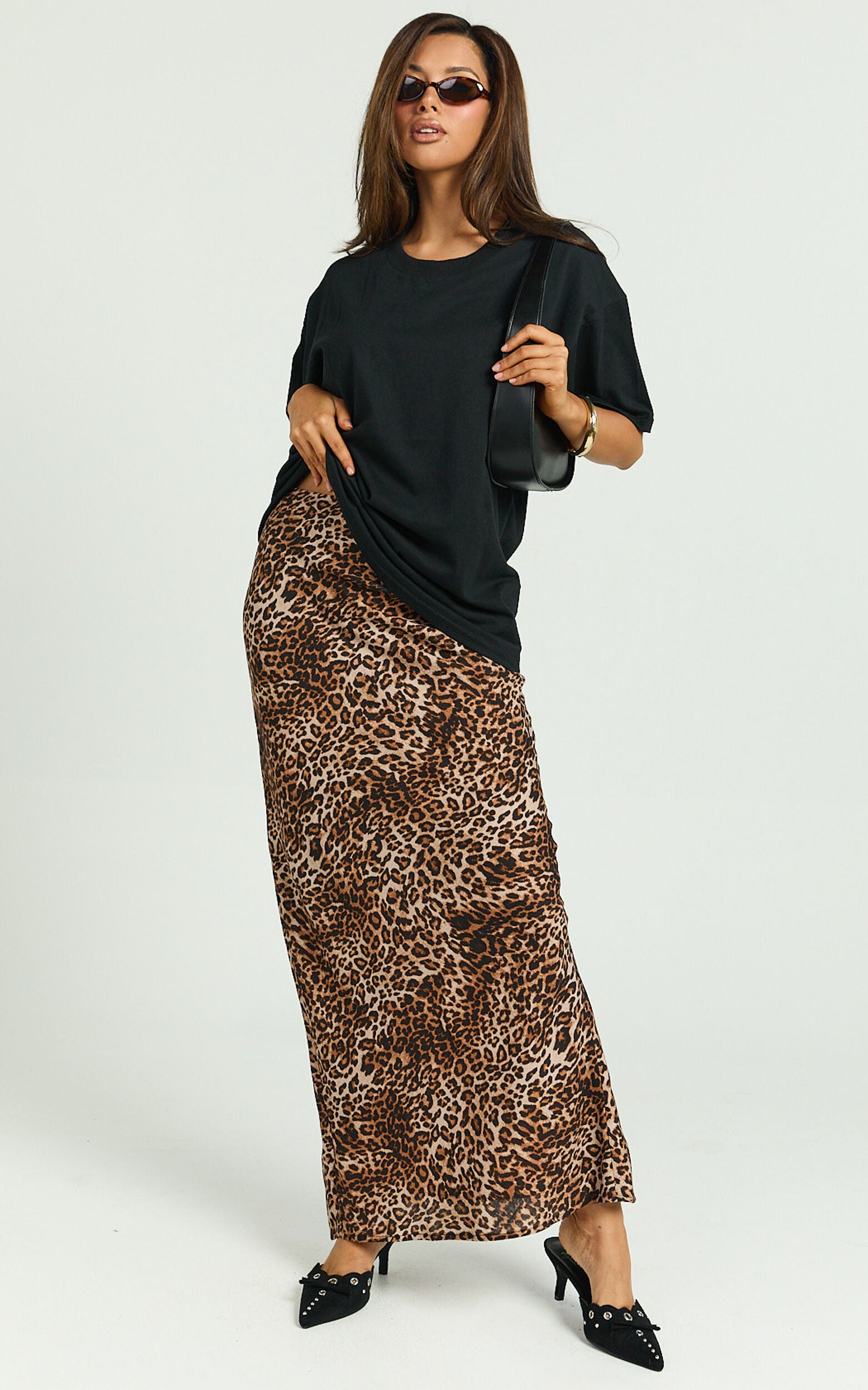Jacqui Maxi Linen Skirt - Bias Cut Back Split Skirt in Tonal Leopard Print