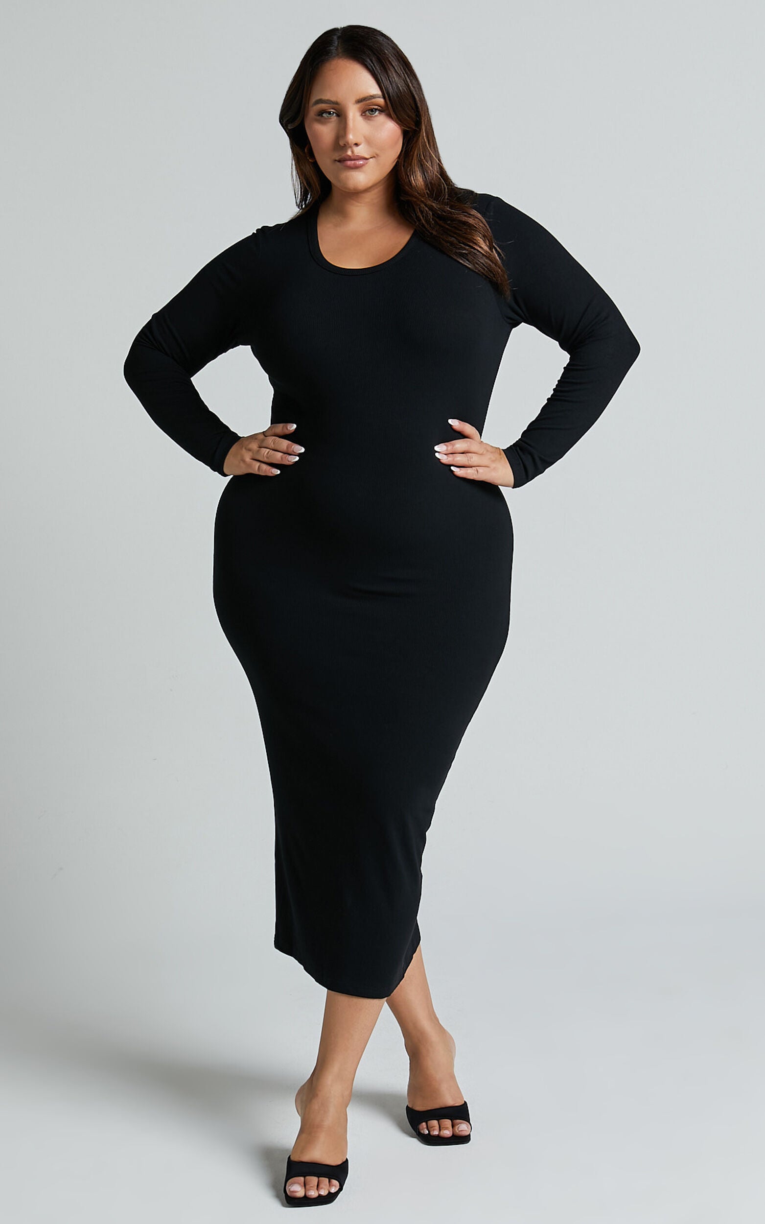 Hawkins Midi Dress - Long Sleeve Bodycon Dress in Black