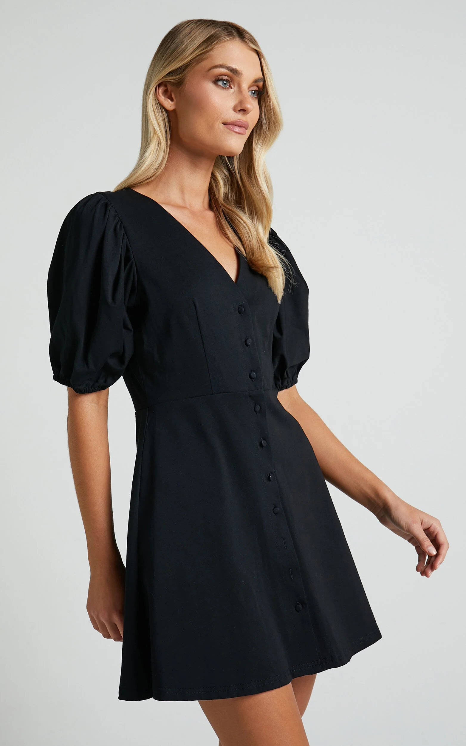 Rochelle Mini Dress - V Neck Button Through Dress in Black