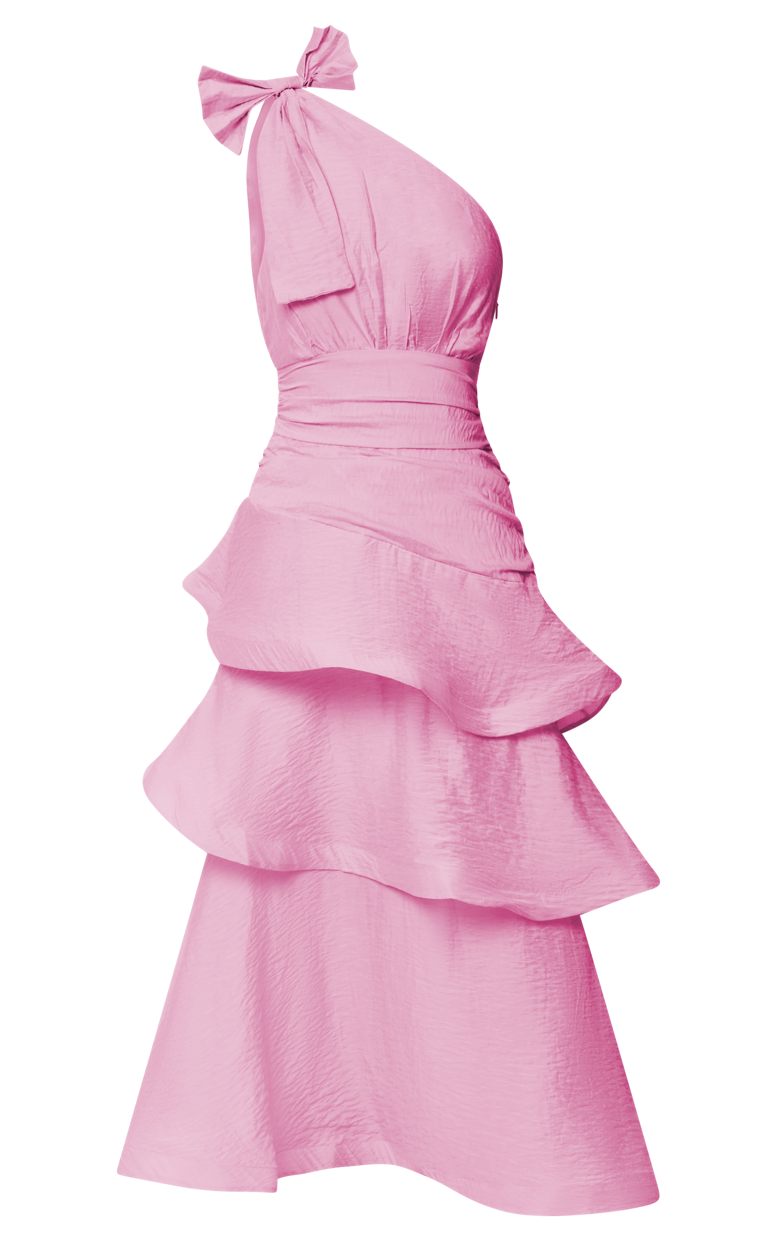 Eugenia Midi Dress - One Shoulder Fit and Flare Layered Dress in Pink