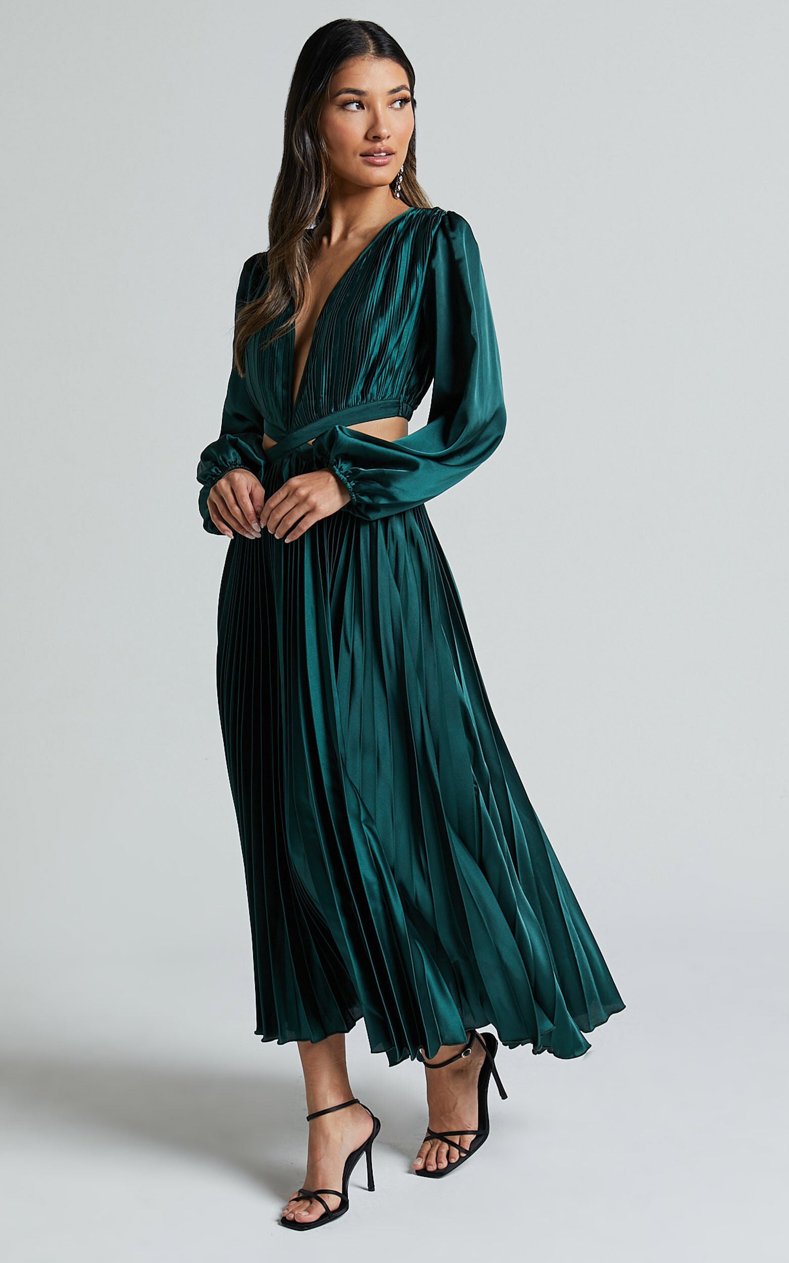 Jade Midi Dress - Side Cut Out Pleated Balloon Sleeve Dress in Emerald Green